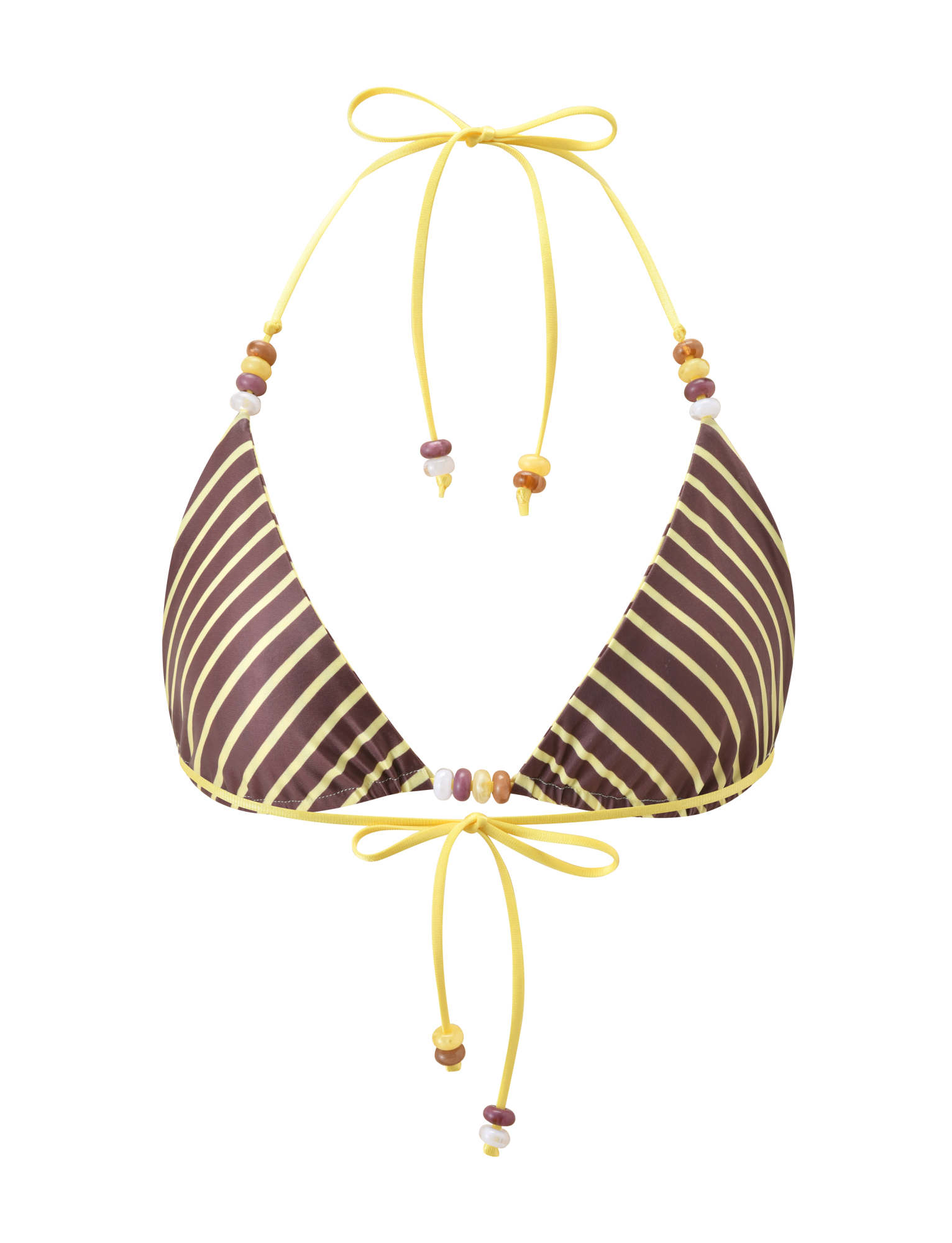 The FINLEA REVERSIBLE BIKINI TOP by TIGERMIST features brown and yellow stripes, yellow strings, and multicolored beaded details on the straps and bottom edge, shown against a plain white background.
