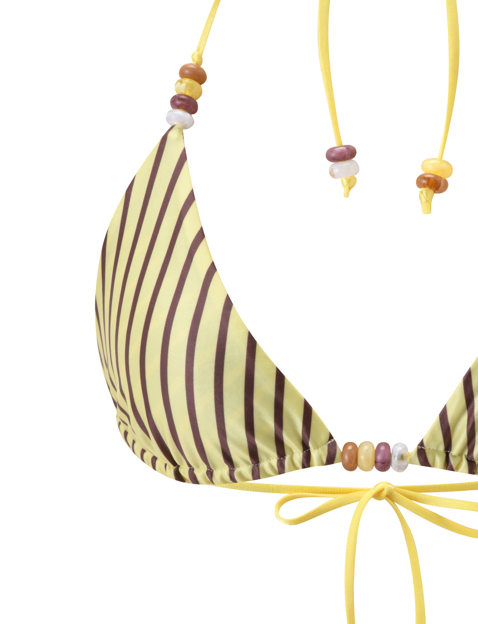 The TIGERMIST FINLEA REVERSIBLE BIKINI TOP features brown and yellow stripes, yellow strings, and colorful bead accents on the ties, shown in close-up against a white background.