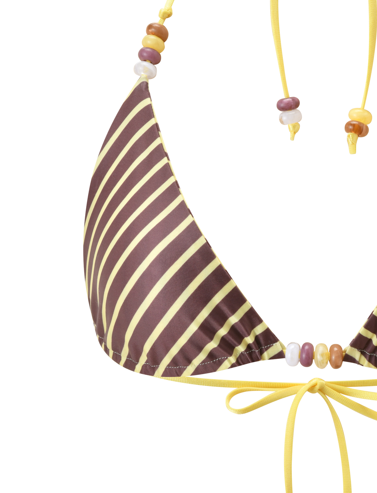 Close-up of the TIGERMIST FINLEA REVERSIBLE BIKINI TOP in brown and yellow stripes, featuring yellow strings, beaded accents, and a tied bow detail against a plain white background.