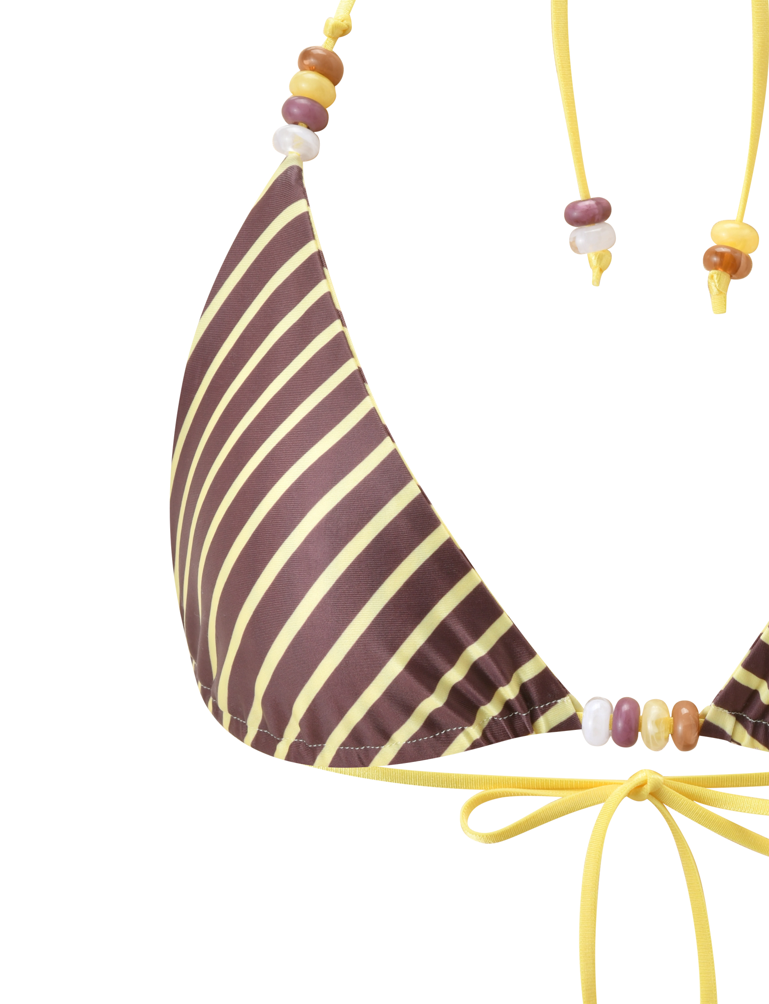 Close-up of the TIGERMIST FINLEA REVERSIBLE BIKINI TOP in brown and yellow stripes, featuring yellow strings, beaded accents, and a tied bow detail against a plain white background.