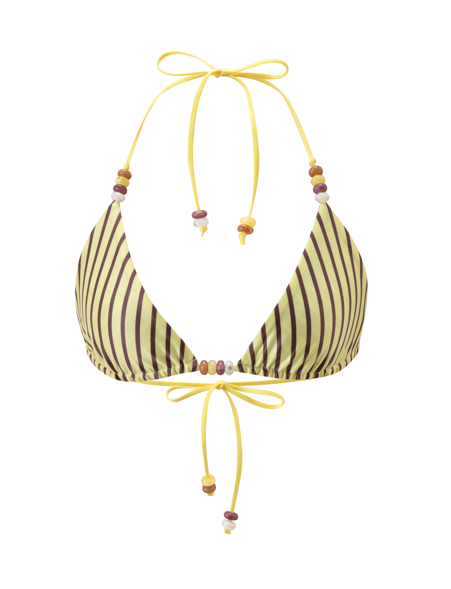 The FINLEA REVERSIBLE BIKINI TOP by TIGERMIST features brown and yellow stripes, a halter neck with thin yellow straps, and colorful bead accents. Shown on a plain white background.