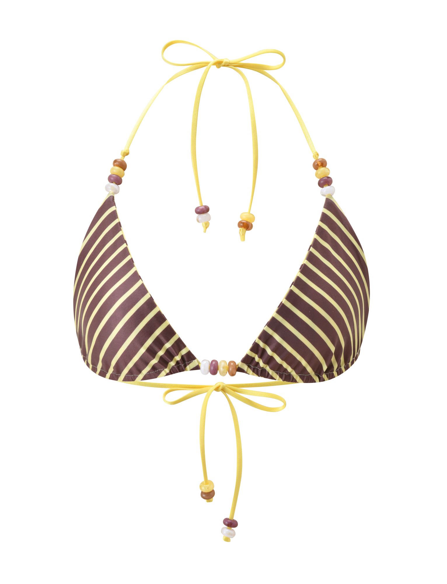 The TIGERMIST FINLEA REVERSIBLE BIKINI TOP features brown and yellow stripes, beaded yellow straps, and a halter neck, shown on a plain white background.