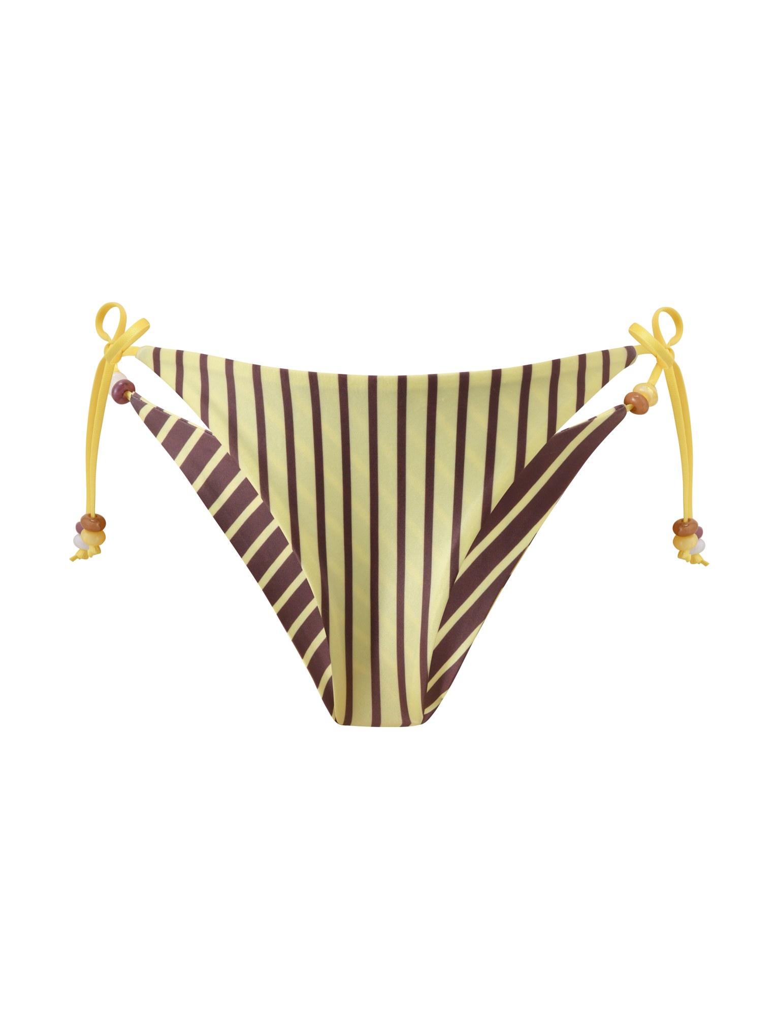 The FINLEA REVERSIBLE BIKINI BOTTOM by TIGERMIST features brown and yellow stripes with yellow side ties and bead accents. Its cheeky cut and modern geometric design are showcased on a plain white background.