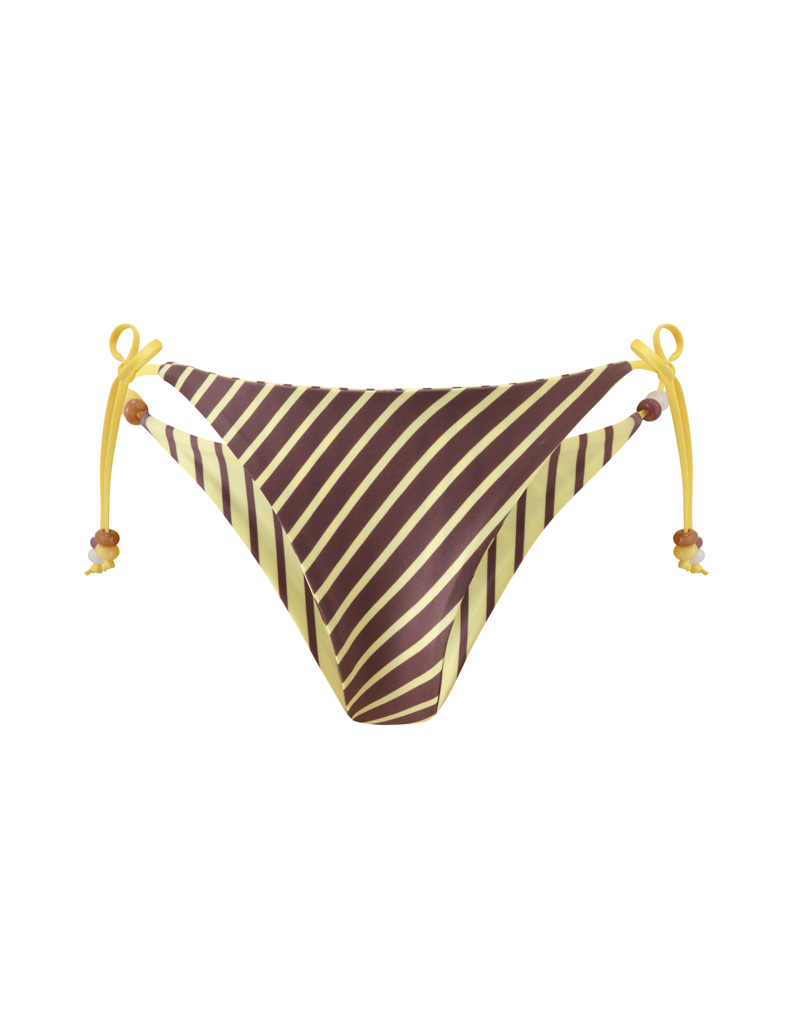 The TIGERMIST FINLEA REVERSIBLE BIKINI BOTTOM features brown and yellow stripes, yellow side ties with beaded accents, and a cheeky bikini cut, shown on a white background.