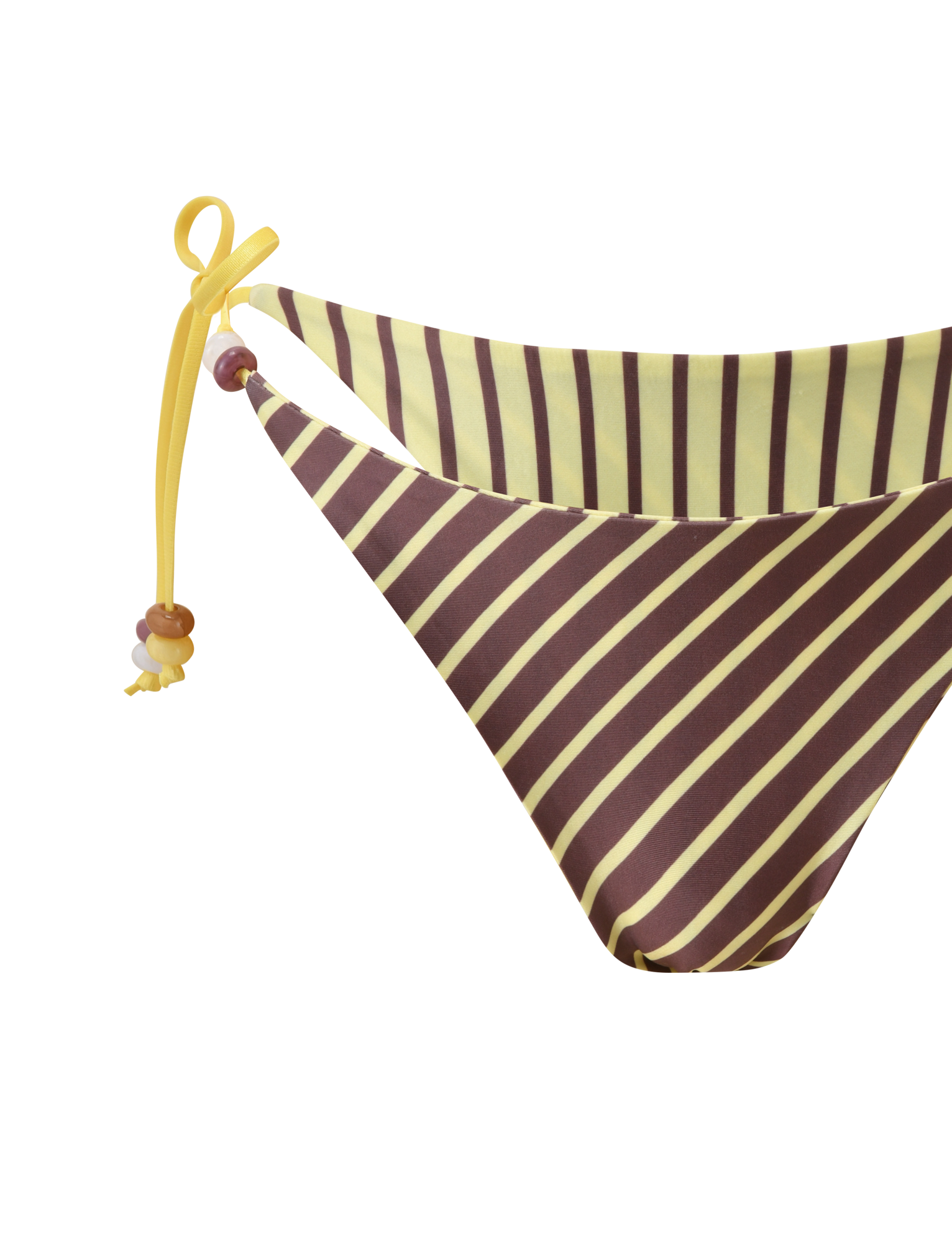 The TIGERMIST FINLEA REVERSIBLE BIKINI BOTTOM features brown and yellow diagonal stripes, a cheeky cut, yellow side ties with colorful beads, and is set against a plain white background.