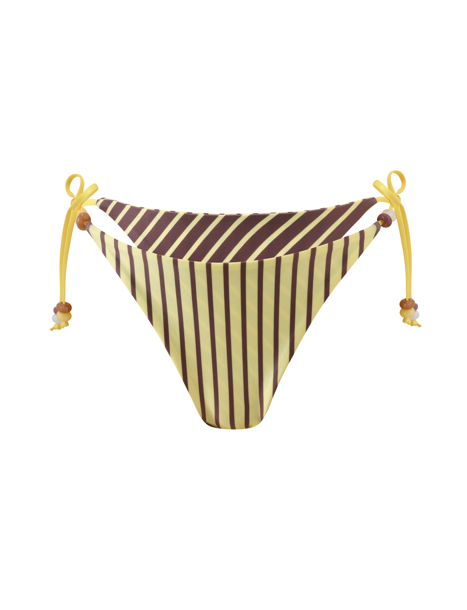 The TIGERMIST FINLEA REVERSIBLE BIKINI BOTTOM features brown and yellow stripes, a cheeky cut, and adjustable yellow side ties with beaded accents, shown on a white background.