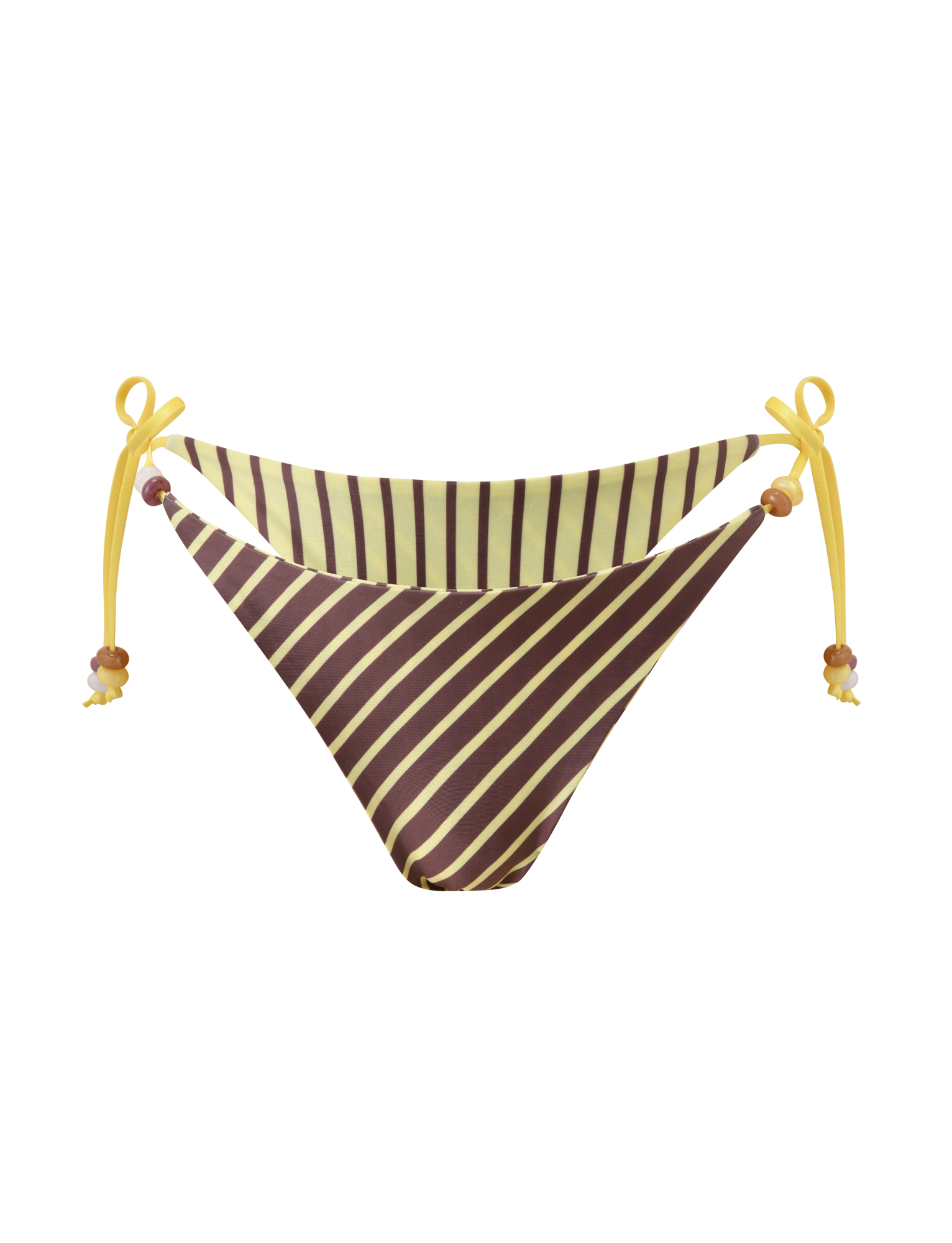 The TIGERMIST FINLEA REVERSIBLE BIKINI BOTTOM features brown and yellow stripes, a cheeky cut, and yellow tie sides with beads, shown on a plain white background.