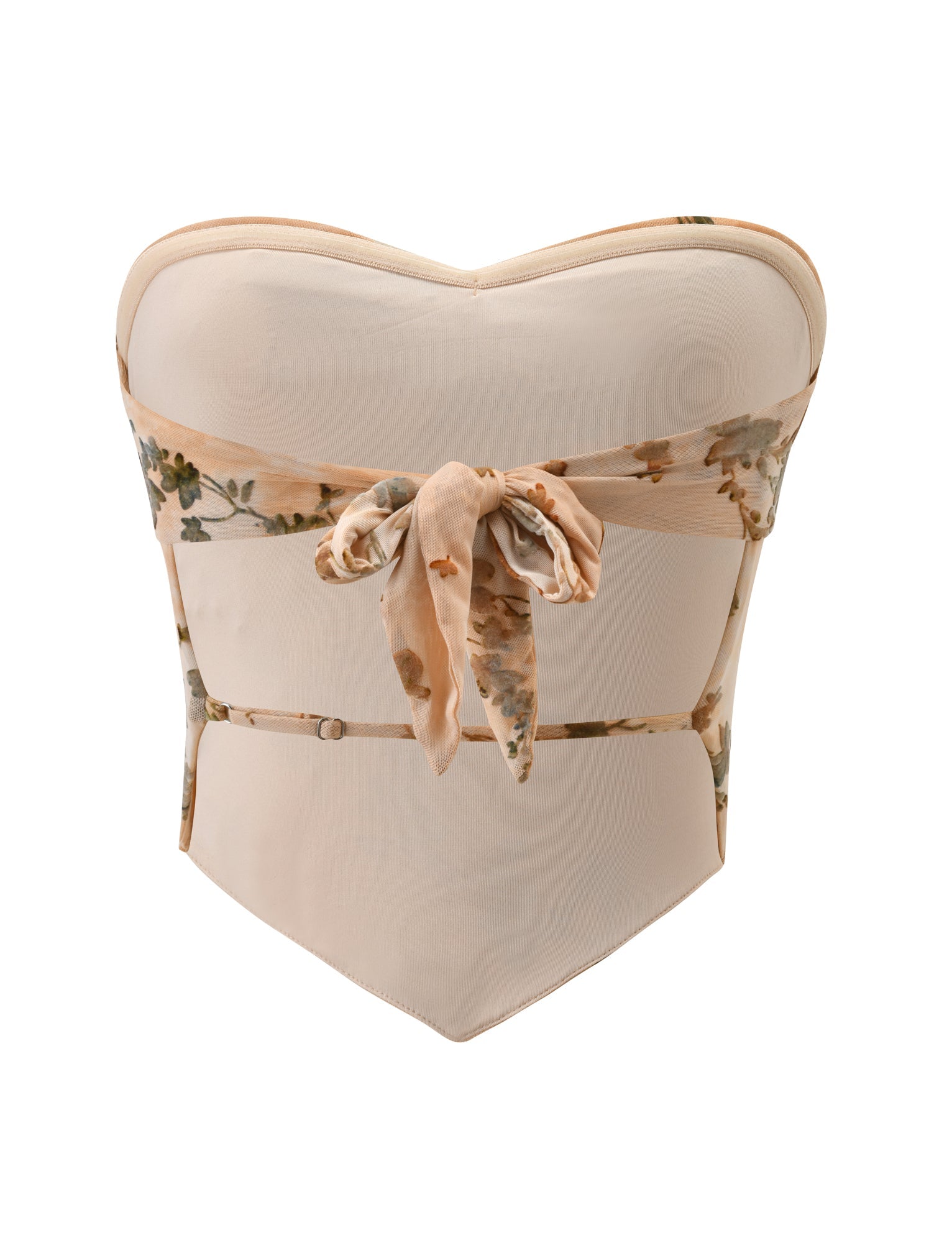 The OONA BURN OUT FRINGE TOP by TIGERMIST is a strapless tan top with a sweetheart neckline, sheer floral sash tied in front, fringe-edged details, and a thin horizontal strap below the bust.