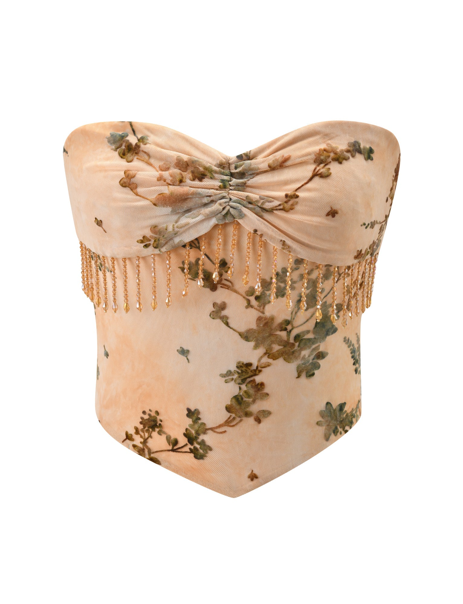 The OONA BURN OUT FRINGE TOP by TIGERMIST is a strapless tan floral corset with a sweetheart neckline and gold beaded fringe along the bust, designed in vintage muted tones.