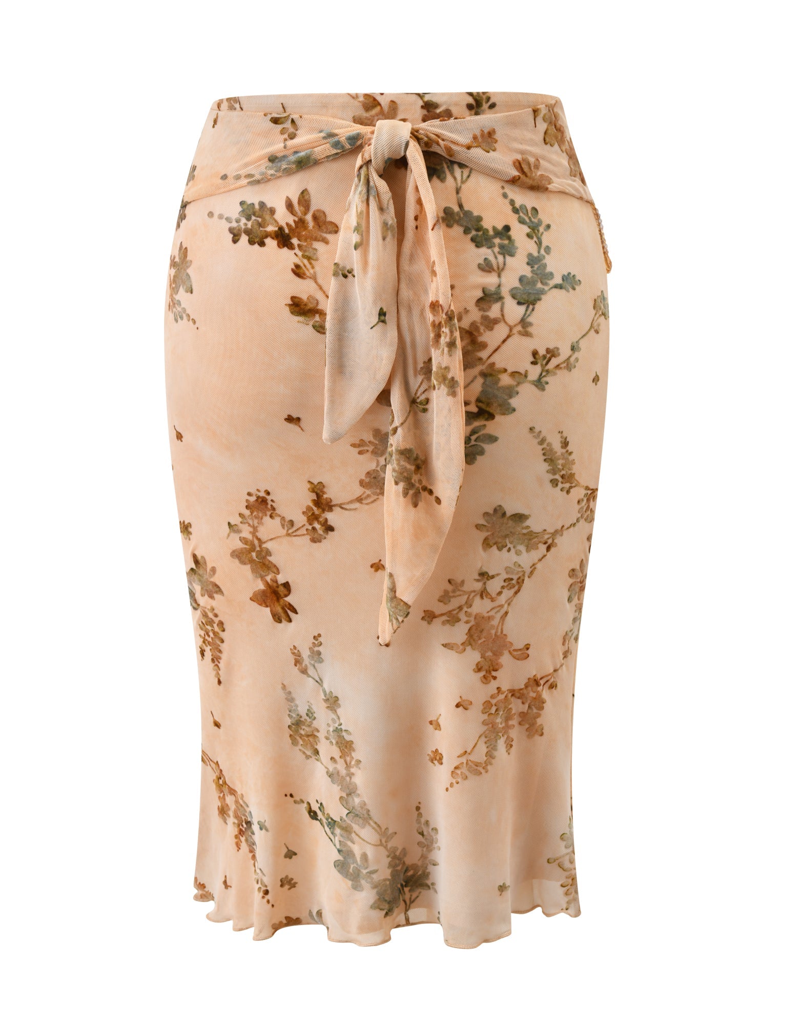 The OONA BURN OUT FRINGE SKIRT in tan by TIGERMIST is a slim-fit midi skirt with soft, flowing fabric, a removable waistband, and a tied bow at the back waist for effortless style.