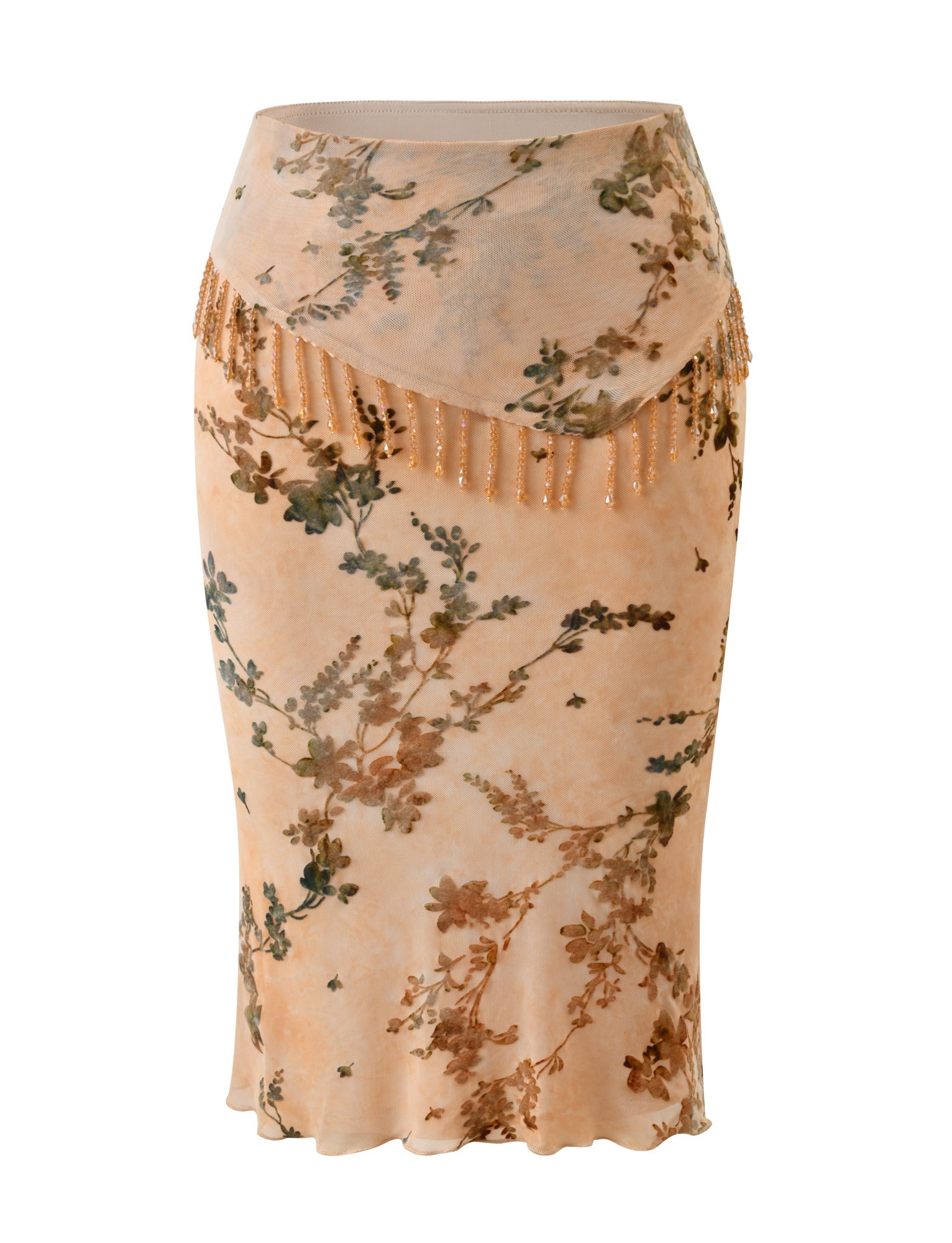 The OONA BURN OUT FRINGE SKIRT in tan by TIGERMIST is a high-waisted floral midi skirt with a sheer overlay and beaded fringe detail at the hips for extra elegance.