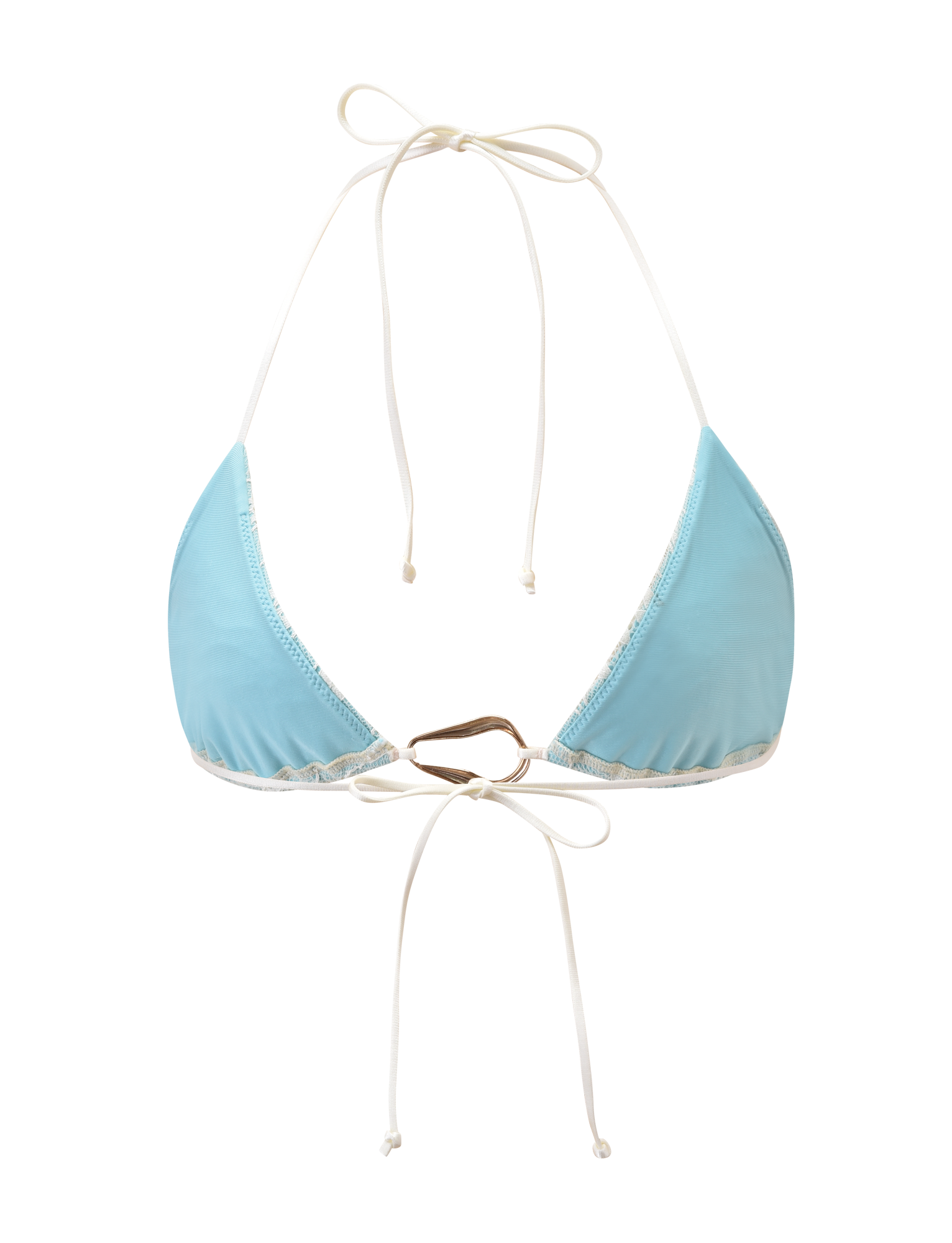 The TIGERMIST SIKA BIKINI TOP - BLUE LACE is a light blue halter neck top with thin white tie straps at the neck and back, shown on a plain white background.