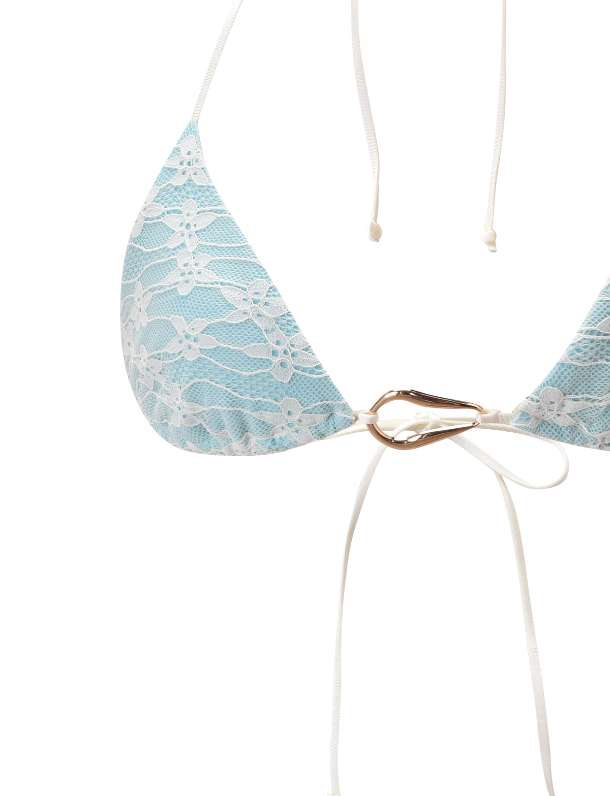 Close-up of the TIGERMIST SIKA BIKINI TOP - BLUE LACE, showcasing white lace overlay, white strings, a gold front ring, and halter neck style against a plain white background.