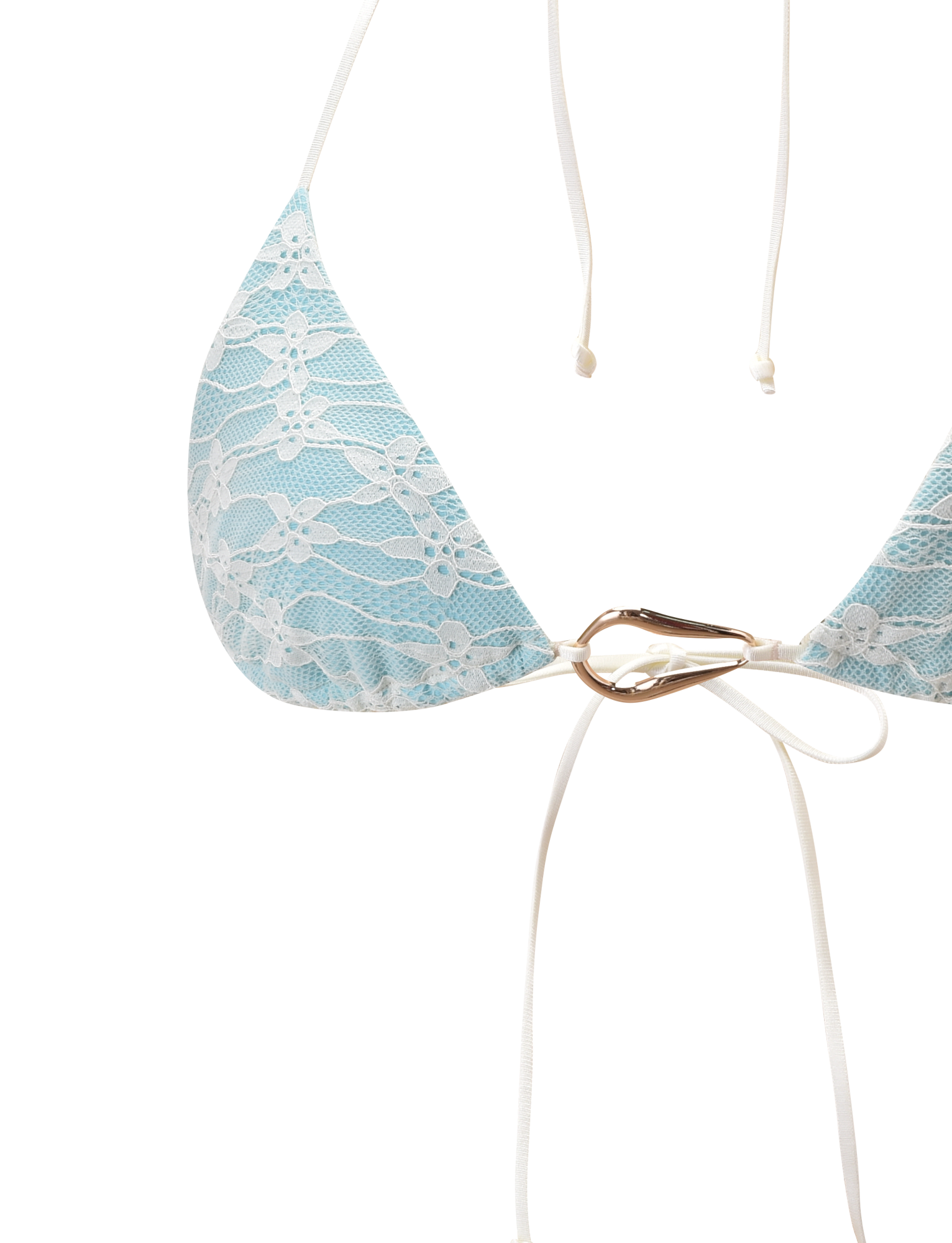 Close-up of the TIGERMIST SIKA BIKINI TOP - BLUE LACE, showcasing white lace overlay, white strings, a gold front ring, and halter neck style against a plain white background.