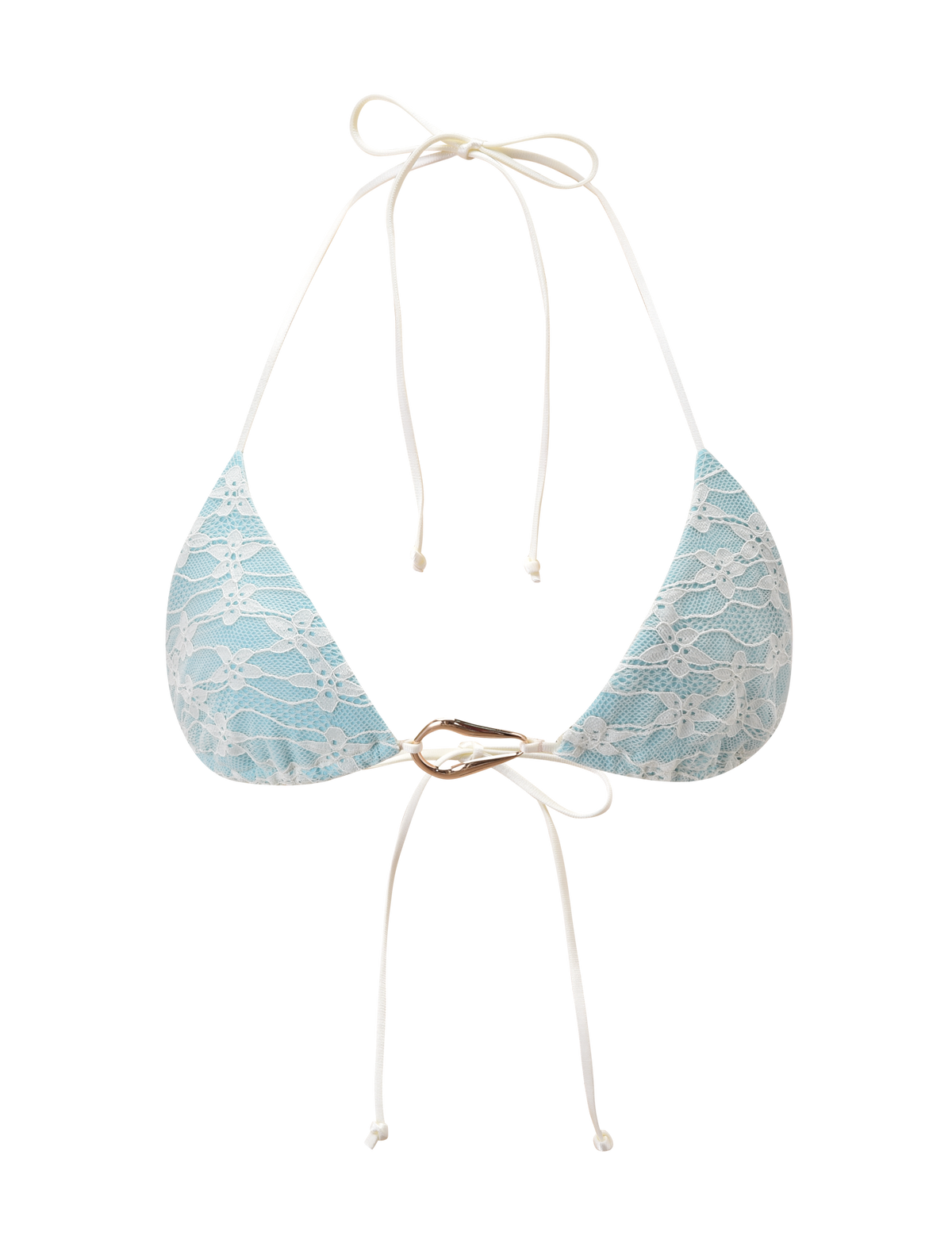 The SIKA BIKINI TOP - BLUE LACE by TIGERMIST features triangle cups with a white lace overlay, thin adjustable straps that tie at the neck and back in a halter style, and a gold-colored metal ring detail connecting the cups.