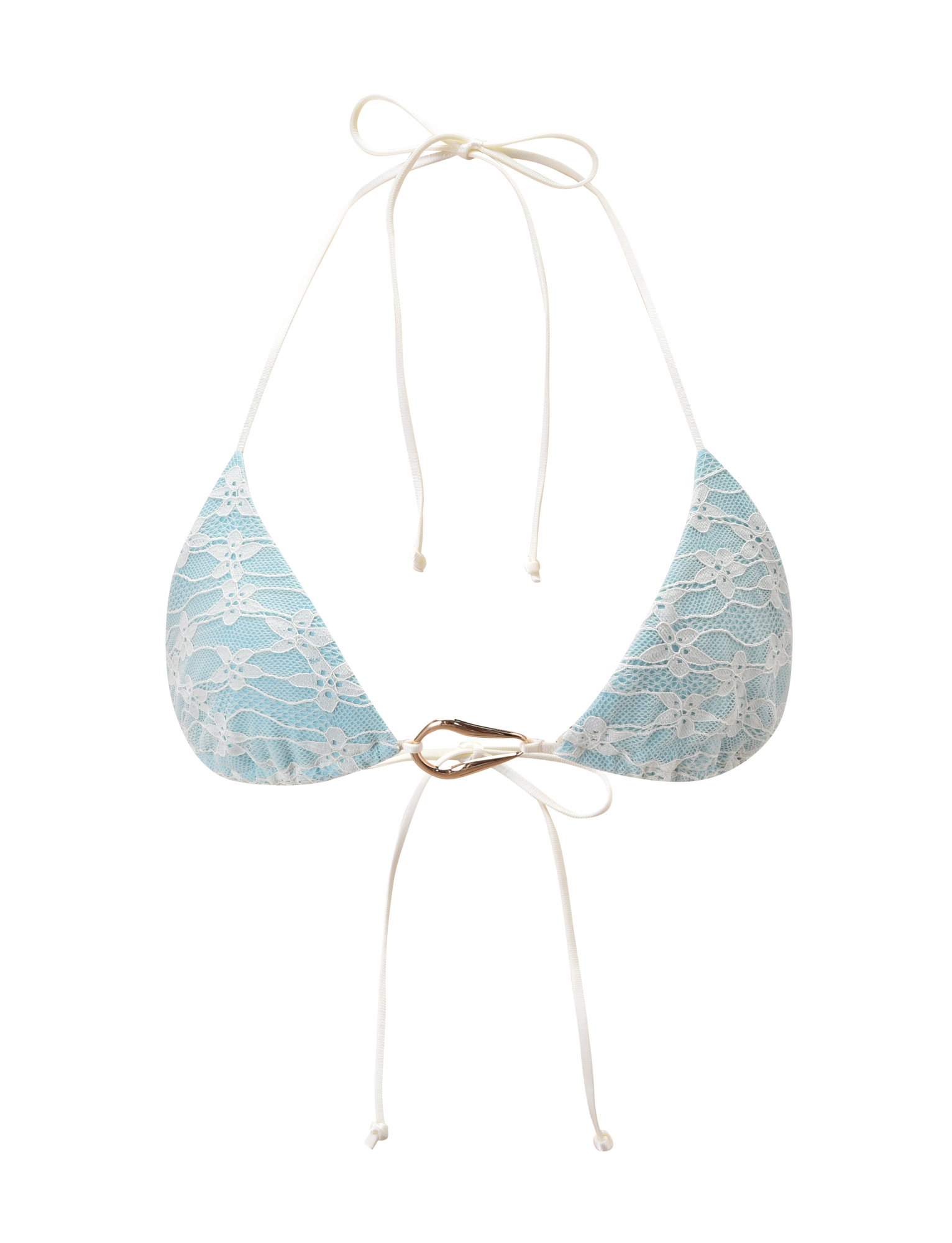 The SIKA BIKINI TOP - BLUE LACE by TIGERMIST features triangle cups with a white lace overlay, thin adjustable straps that tie at the neck and back in a halter style, and a gold-colored metal ring detail connecting the cups.