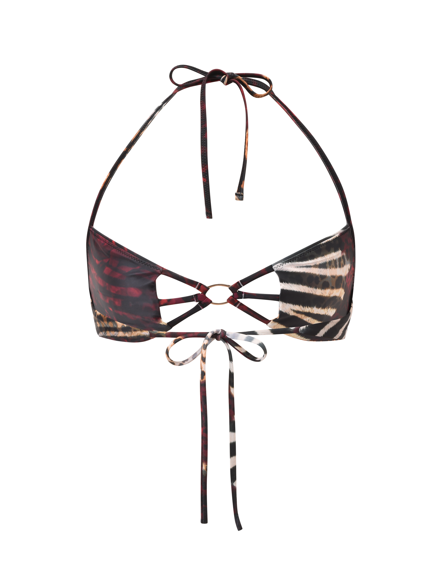The TIGERMIST SHARLI BIKINI TOP in mixed animal print features brown, black, and beige tones with a gold ring at the center and crisscross halter-neck straps, shown on a plain white background.
