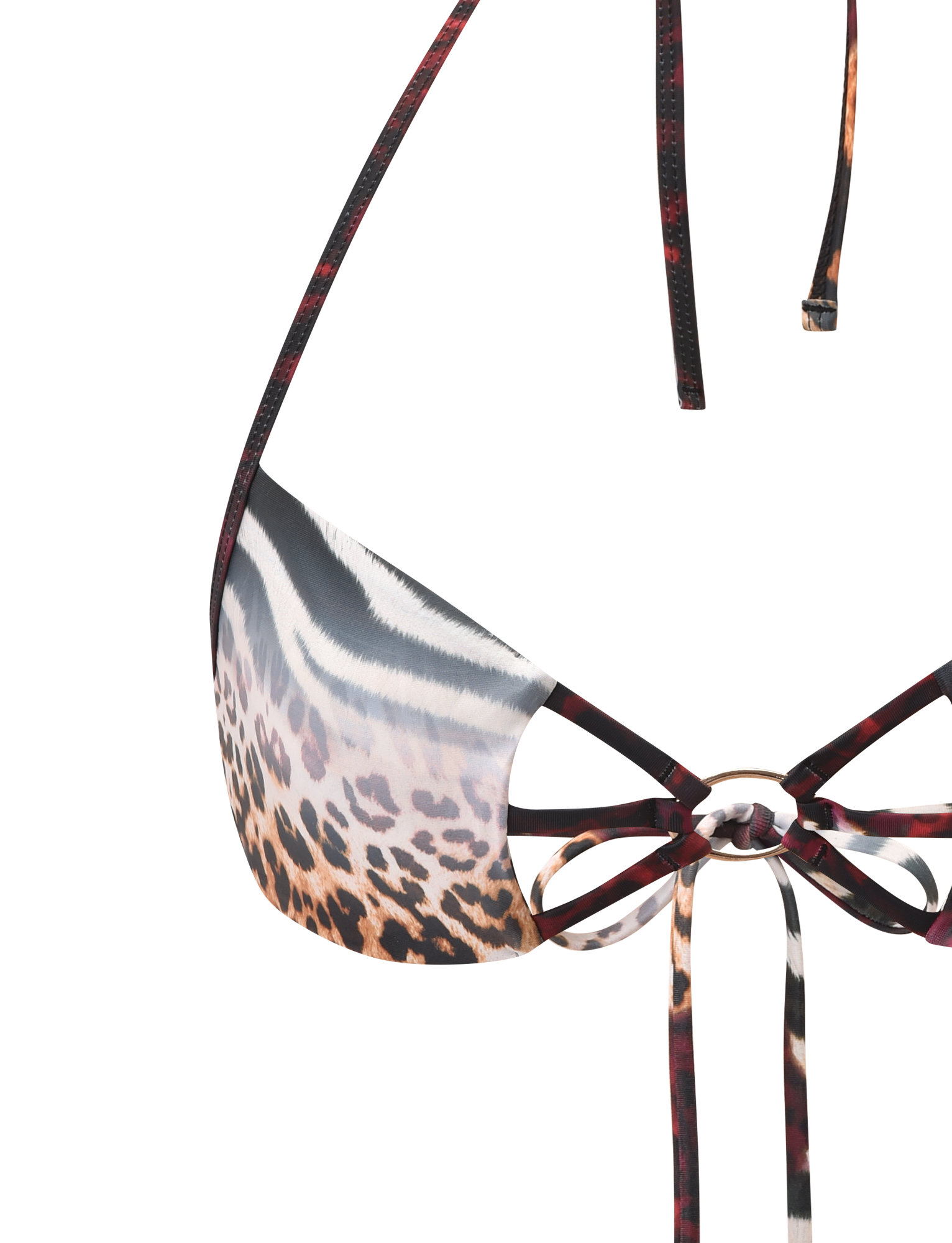 Close-up of the TIGERMIST SHARLI BIKINI TOP in mixed animal print, featuring thin adjustable straps and side-gathered fabric joined by a gold ring at the center. Shown against a plain white background.