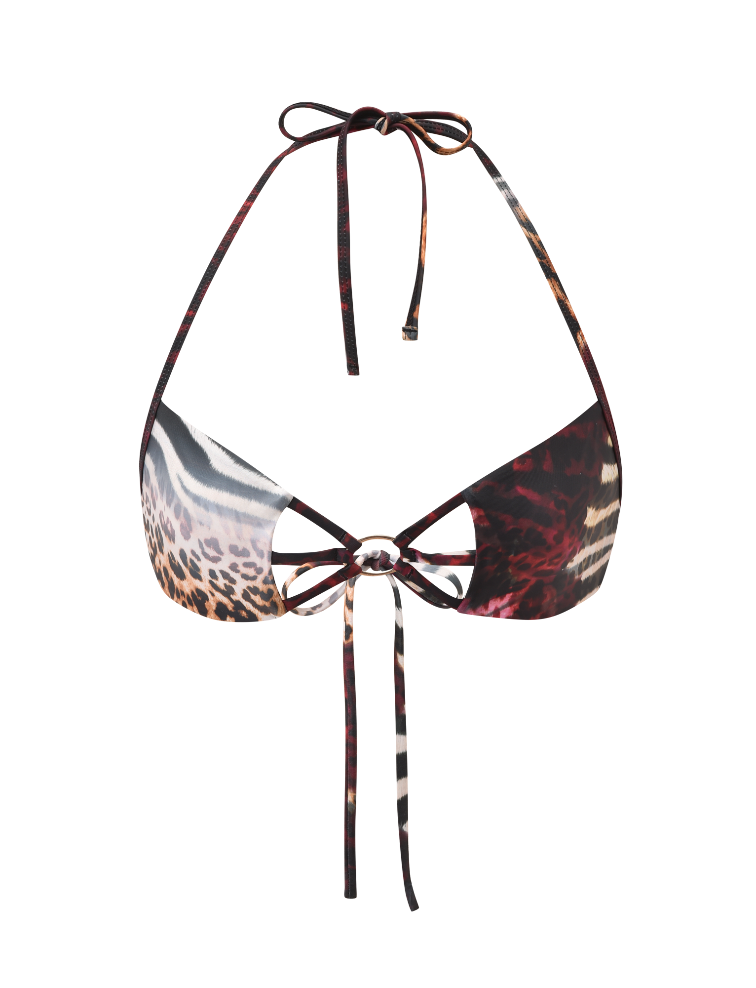 The TIGERMIST SHARLI BIKINI TOP features a halter neck and tie front in a mixed animal print with brown, black, white, and red patterns, shown against a white background.