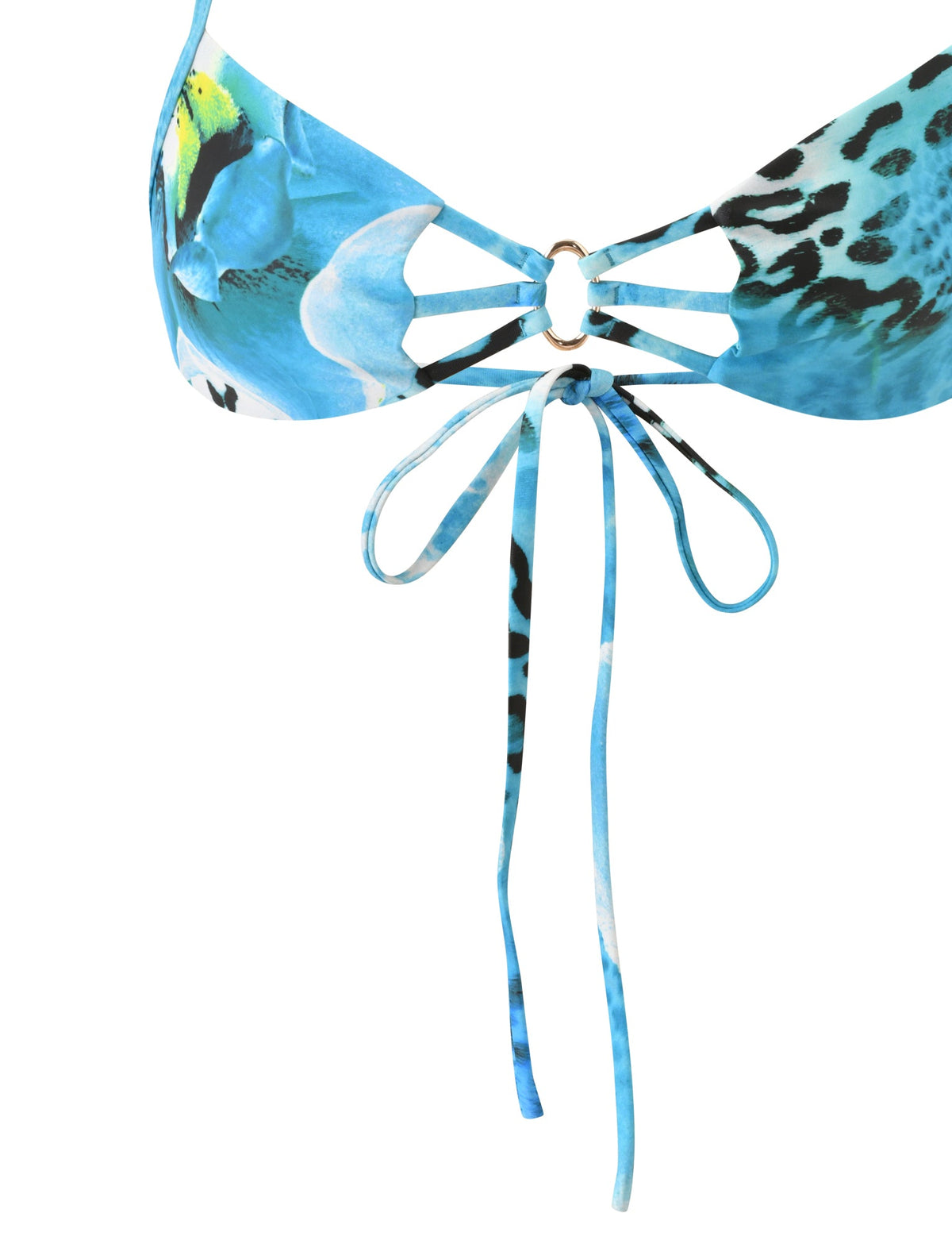 SHARLI BIKINI TOP - OCEAN ORCHID in blue and black animal print featuring a central gold ring detail and tie closure.