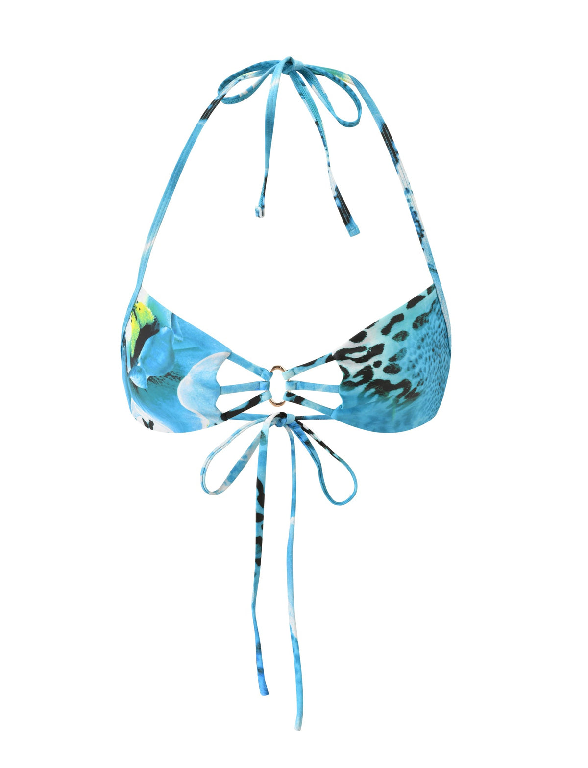 SHARLI BIKINI TOP - OCEAN ORCHID in a resort-ready blue with a halter neck, central gold ring detail, and animal print pattern.