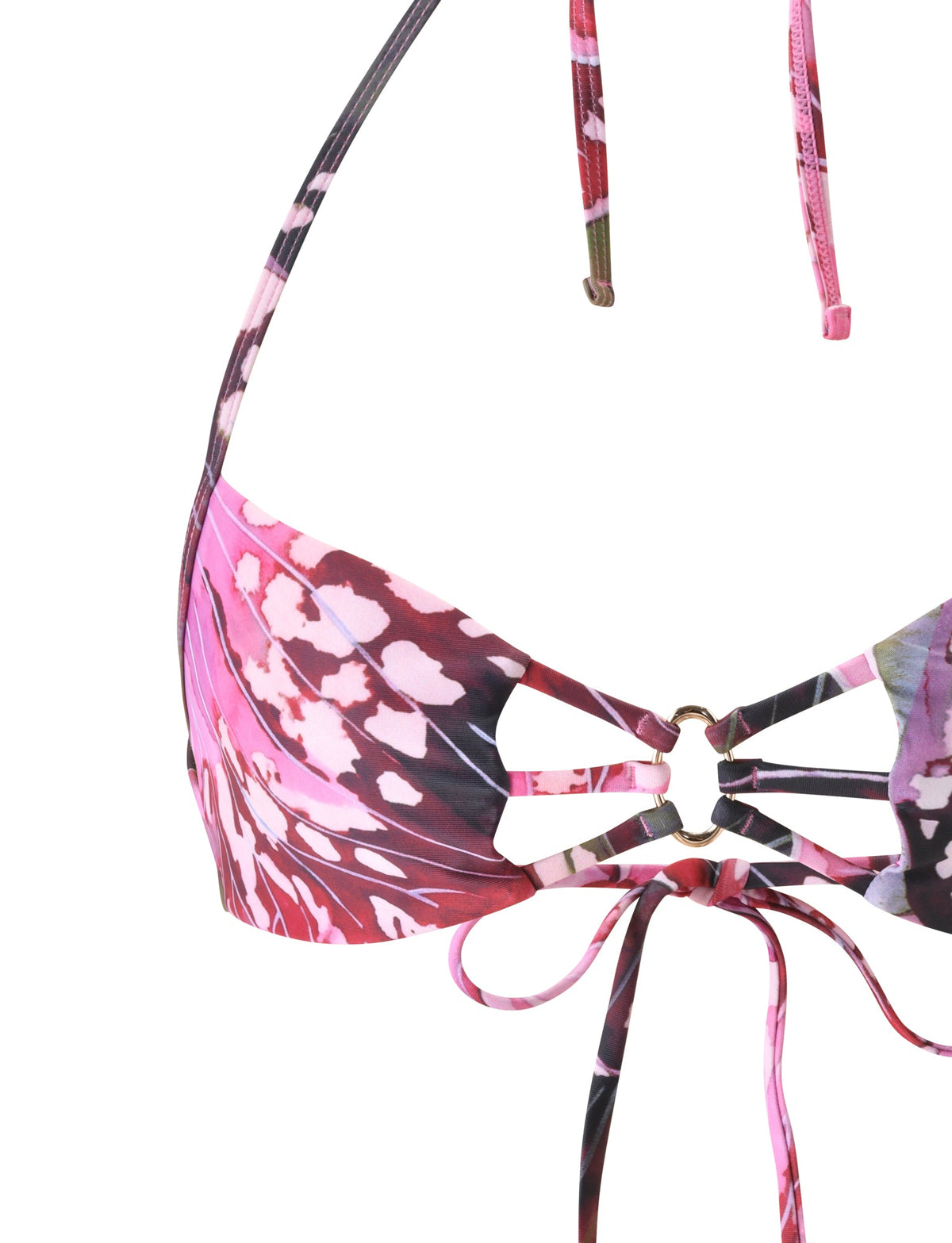 SHARLI BIKINI TOP - VELVET BLOOM featuring a pink and burgundy butterfly wing pattern, a central gold ring connecting the cups, and halter neck ties.