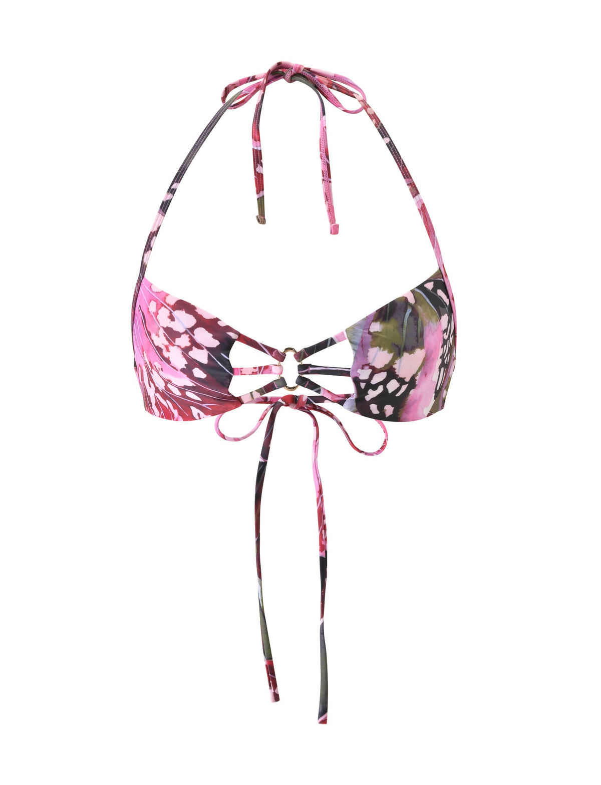 SHARLI BIKINI TOP - VELVET BLOOM in a pink and black butterfly wing print, featuring a ring detail at the center front and adjustable ties for this holiday swimwear.
