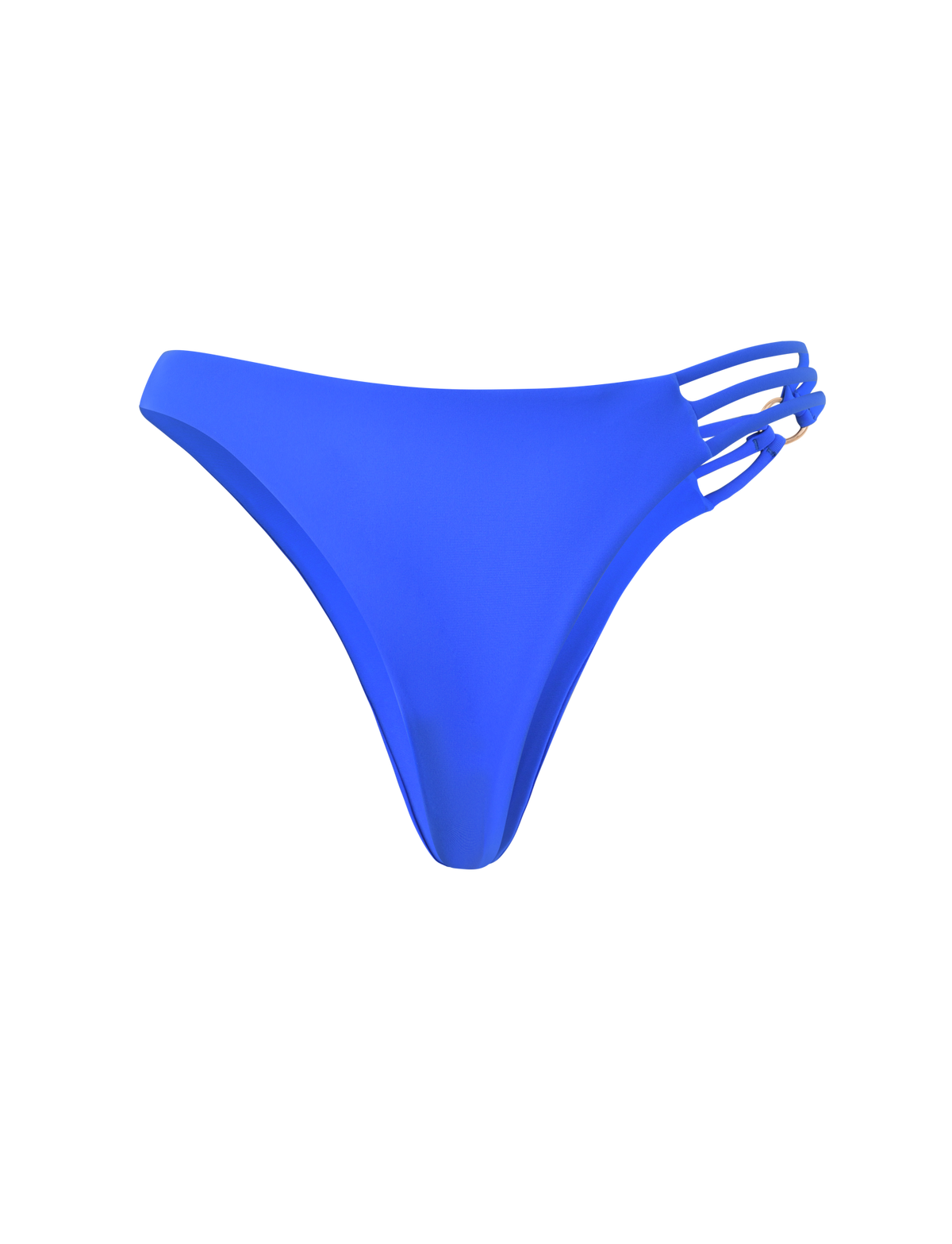 The TIGERMIST SHARLI BIKINI BOTTOM in cobalt blue features a cheeky cut and three slim decorative side straps on one hip, shown against a plain white background.