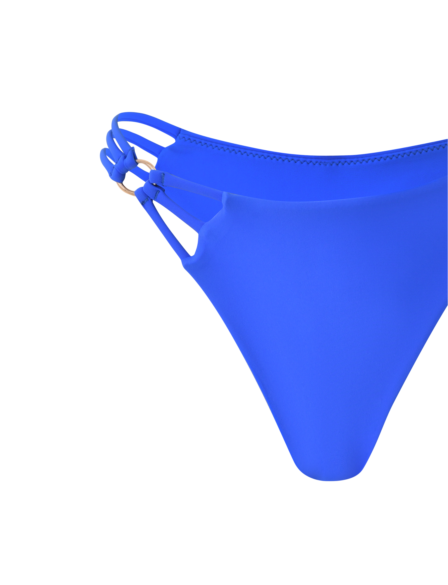 Close-up of TIGERMIST’s SHARLI BIKINI BOTTOM - COBALT BLUE, featuring cheeky bikini cut, double side straps, and gold ring detail, shown against a plain white background.