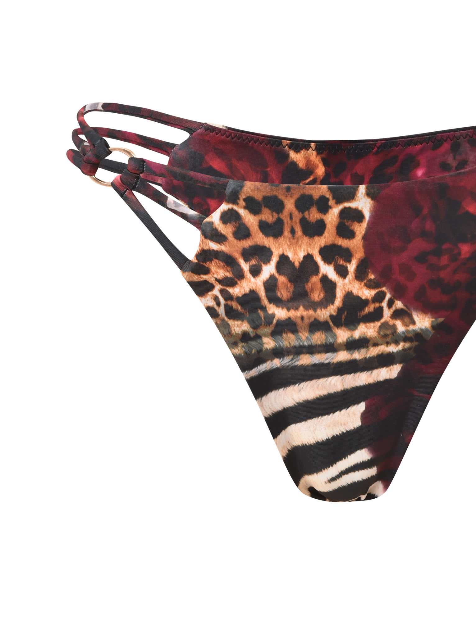 Close-up of the TIGERMIST SHARLI BIKINI BOTTOM - MIXED ANIMAL PRINT, featuring exclusive leopard and zebra patterns, floral details, and three thin side straps on one side, set against a plain background.