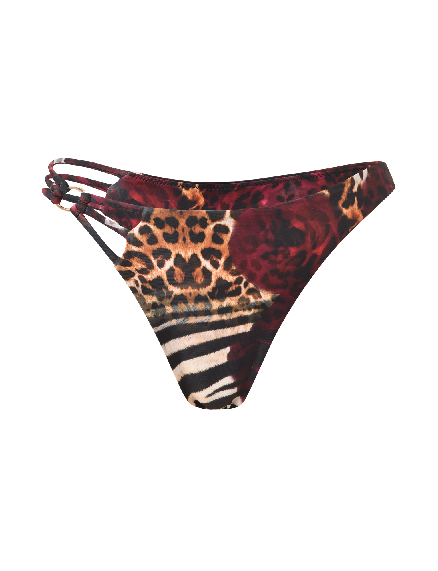 The SHARLI BIKINI BOTTOM by TIGERMIST features a mixed animal print with multicolored leopard spots, zebra stripes, maroon florals, exclusive swimwear details, and three thin side straps on the left.