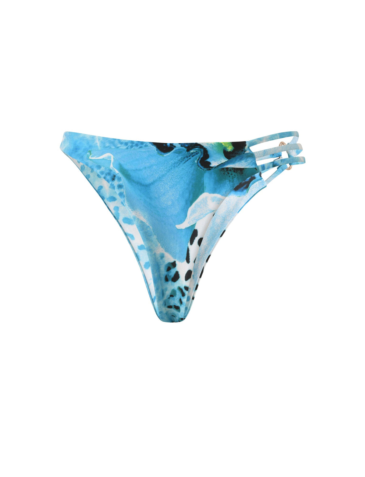 SHARLI BIKINI BOTTOM - OCEAN ORCHID: High-cut, cheeky bikini bottoms in a blue, white, and black orchid print with triple-strap side detailing.