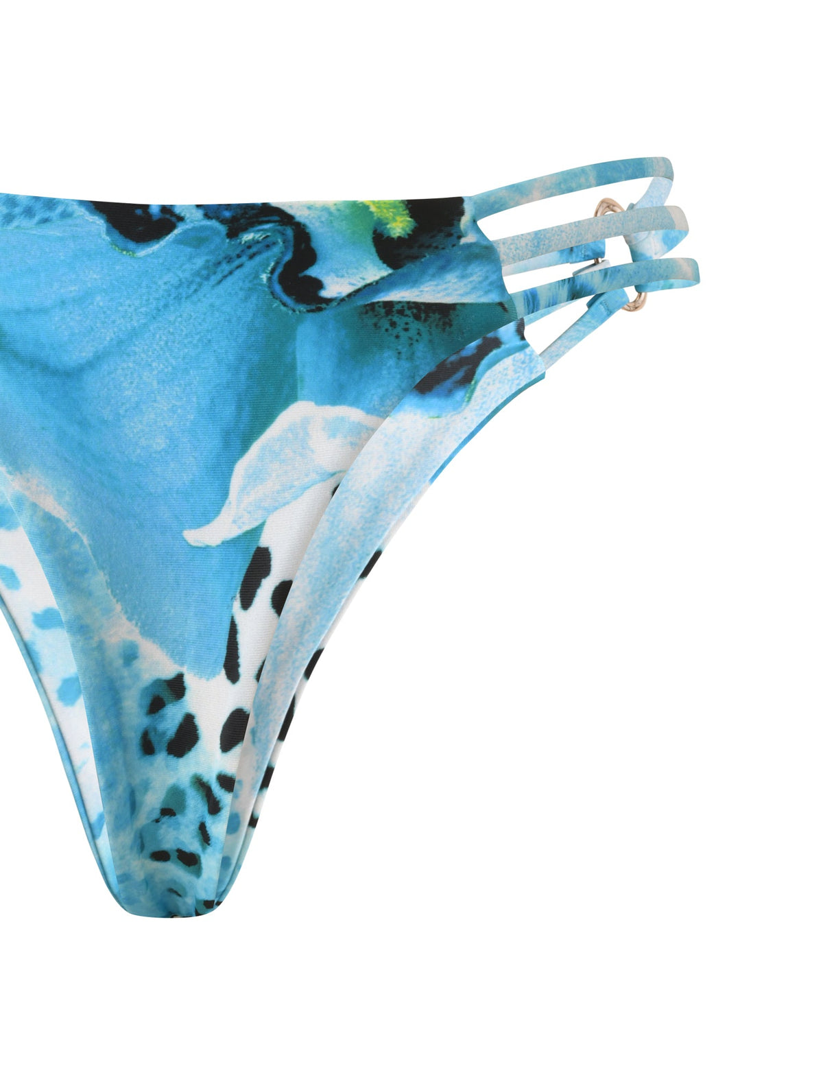 SHARLI BIKINI BOTTOM - OCEAN ORCHID cheeky bottoms in a blue and white abstract print, featuring three thin side straps connected by metal rings.