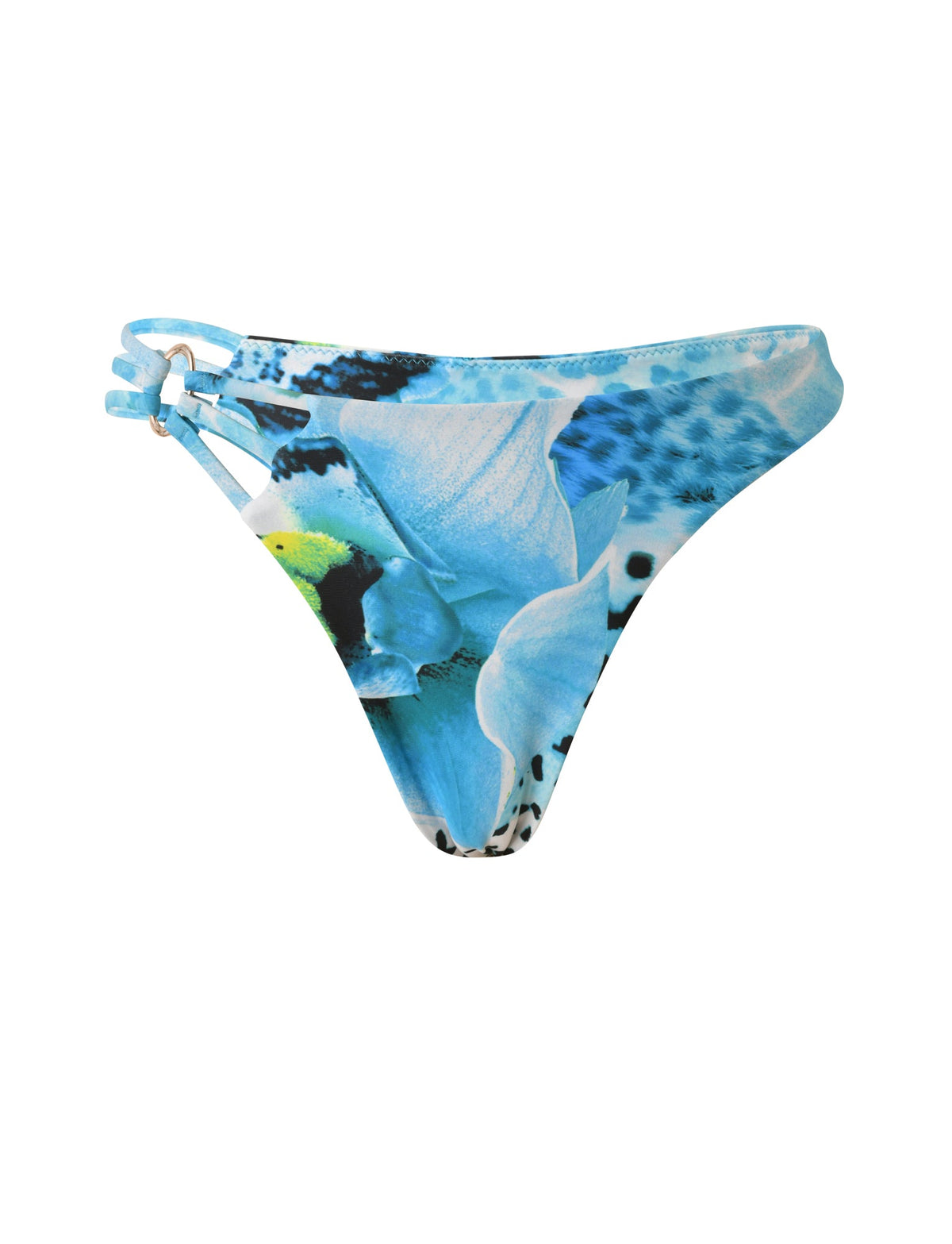 SHARLI BIKINI BOTTOM - OCEAN ORCHID high-cut, cheeky bikini bottoms in a blue and white orchid print featuring thin side straps connected by a metal ring.
