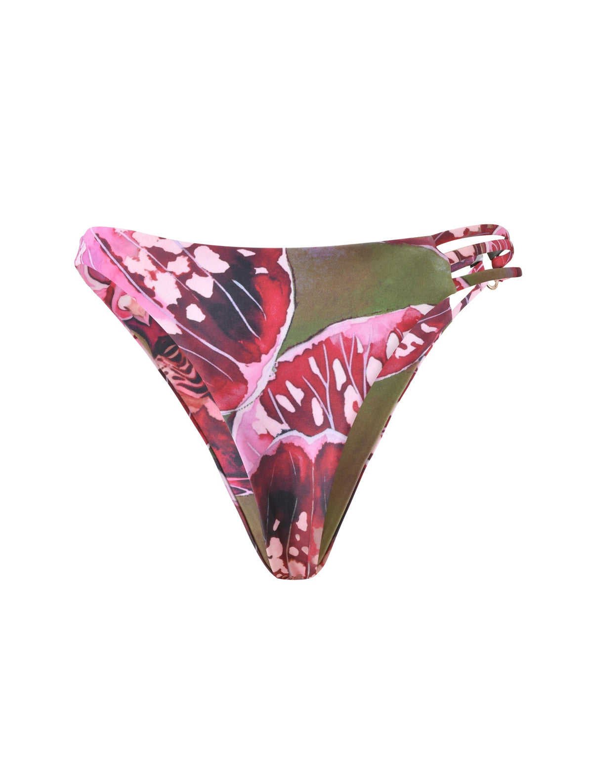 SHARLI BIKINI BOTTOM - VELVET BLOOM in a high-cut, cheeky style featuring a pink and green butterfly wing print and triple-strap side detailing.