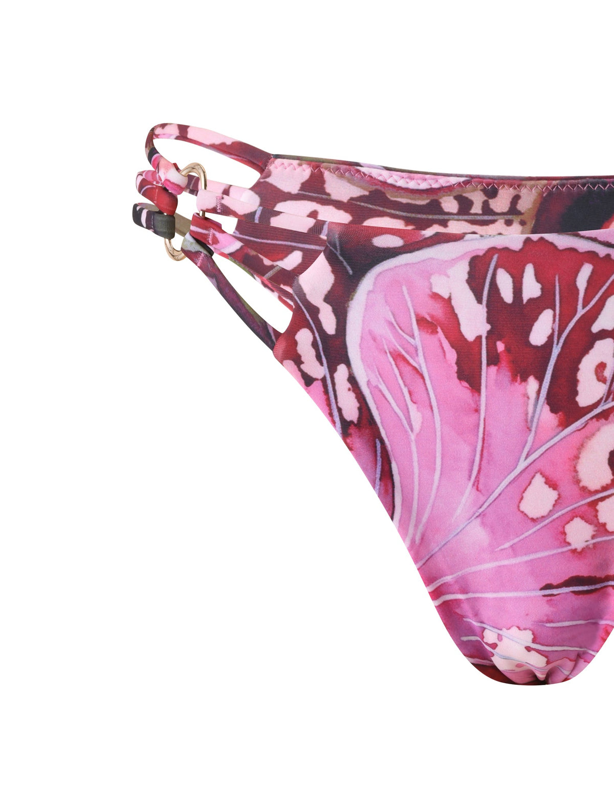 SHARLI BIKINI BOTTOM - VELVET BLOOM cheeky bikini bottom in a pink and purple butterfly wing print with multi-strap hip detailing and gold-tone hardware.