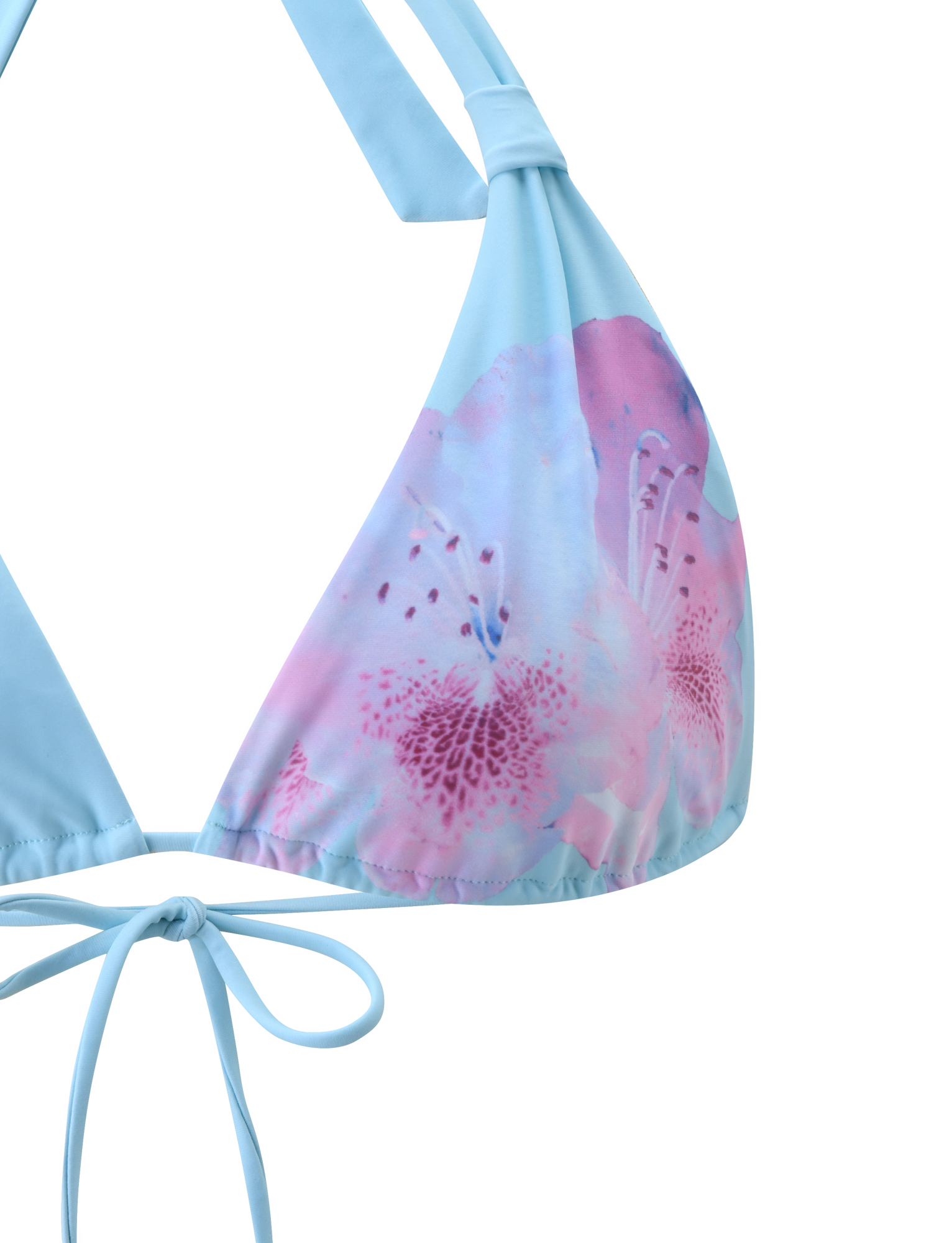 Close-up of the SID BIKINI TOP - BLUE by TIGERMIST, featuring an adjustable halter neck and a bold pink and purple floral print on one cup, shown against a plain white background.