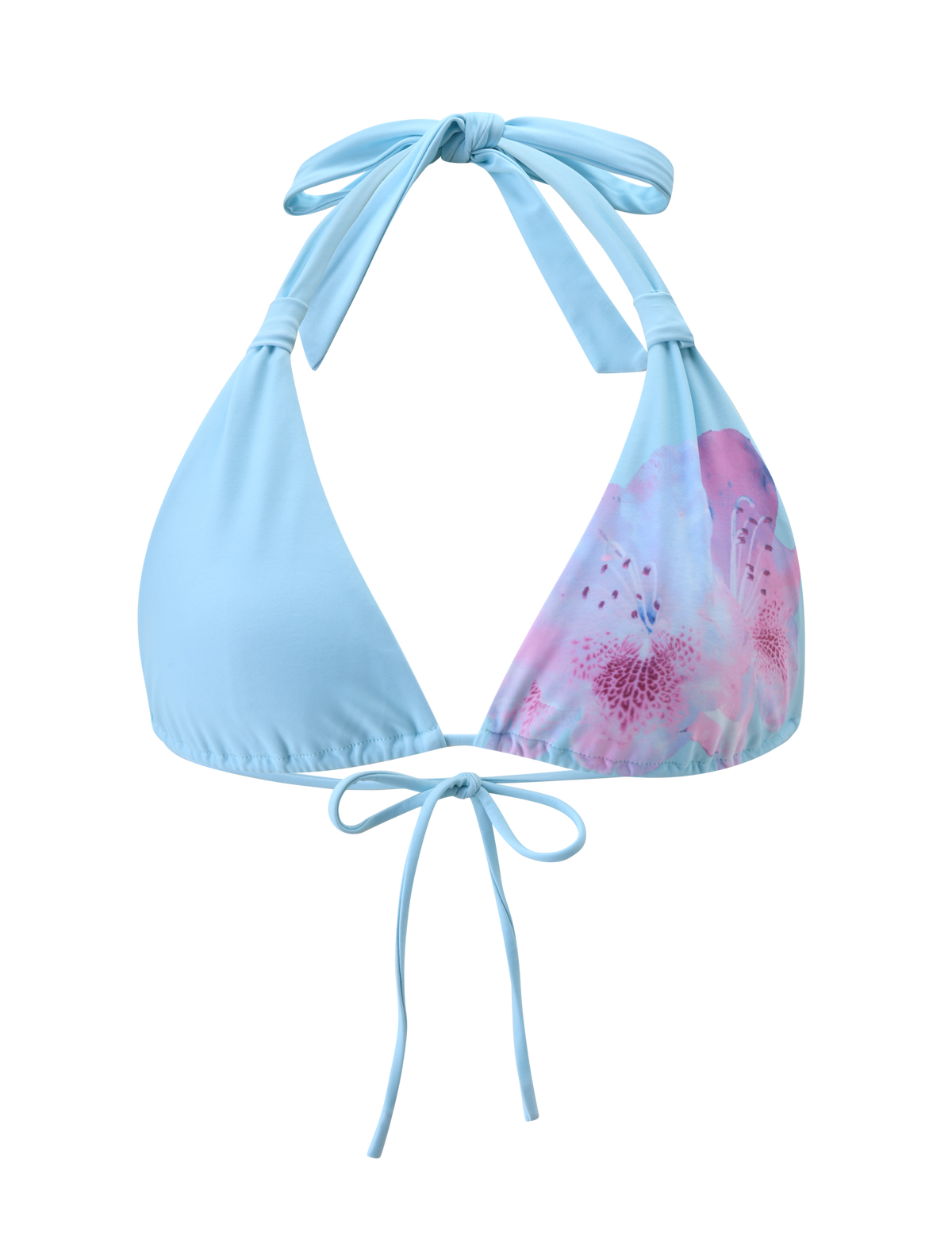 The SID BIKINI TOP - BLUE by TIGERMIST features adjustable neck and back ties and a pink and purple floral pattern on one side, blending comfort with style.