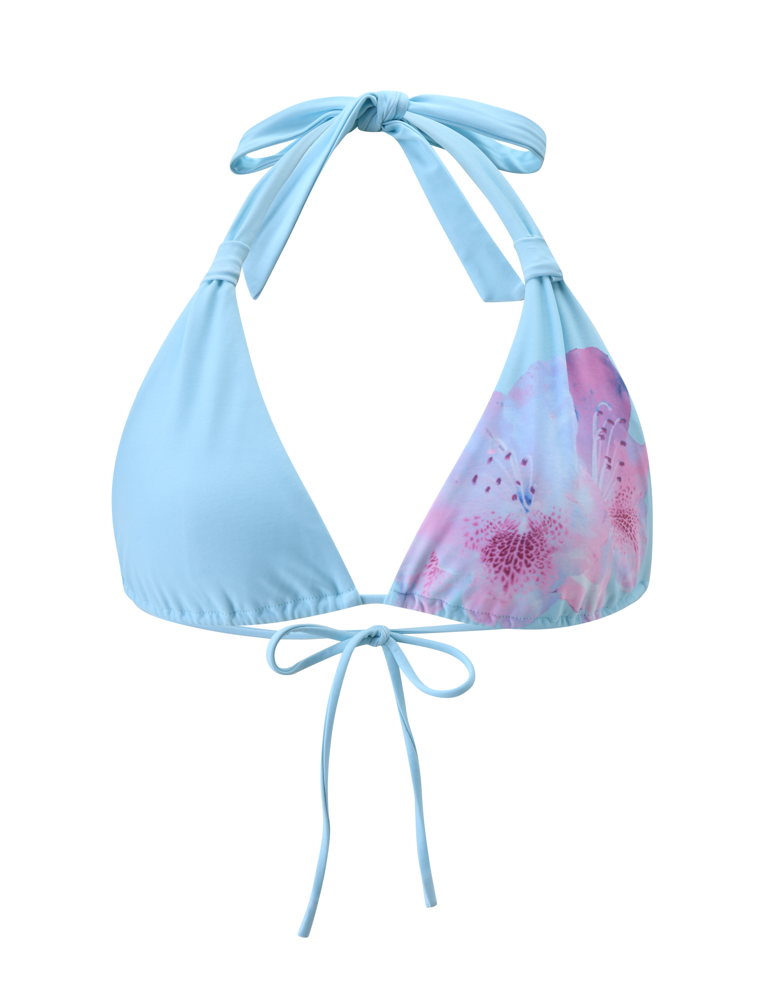 The SID BIKINI TOP - BLUE by TIGERMIST features adjustable neck and back ties and a pink and purple floral pattern on one side, blending comfort with style.