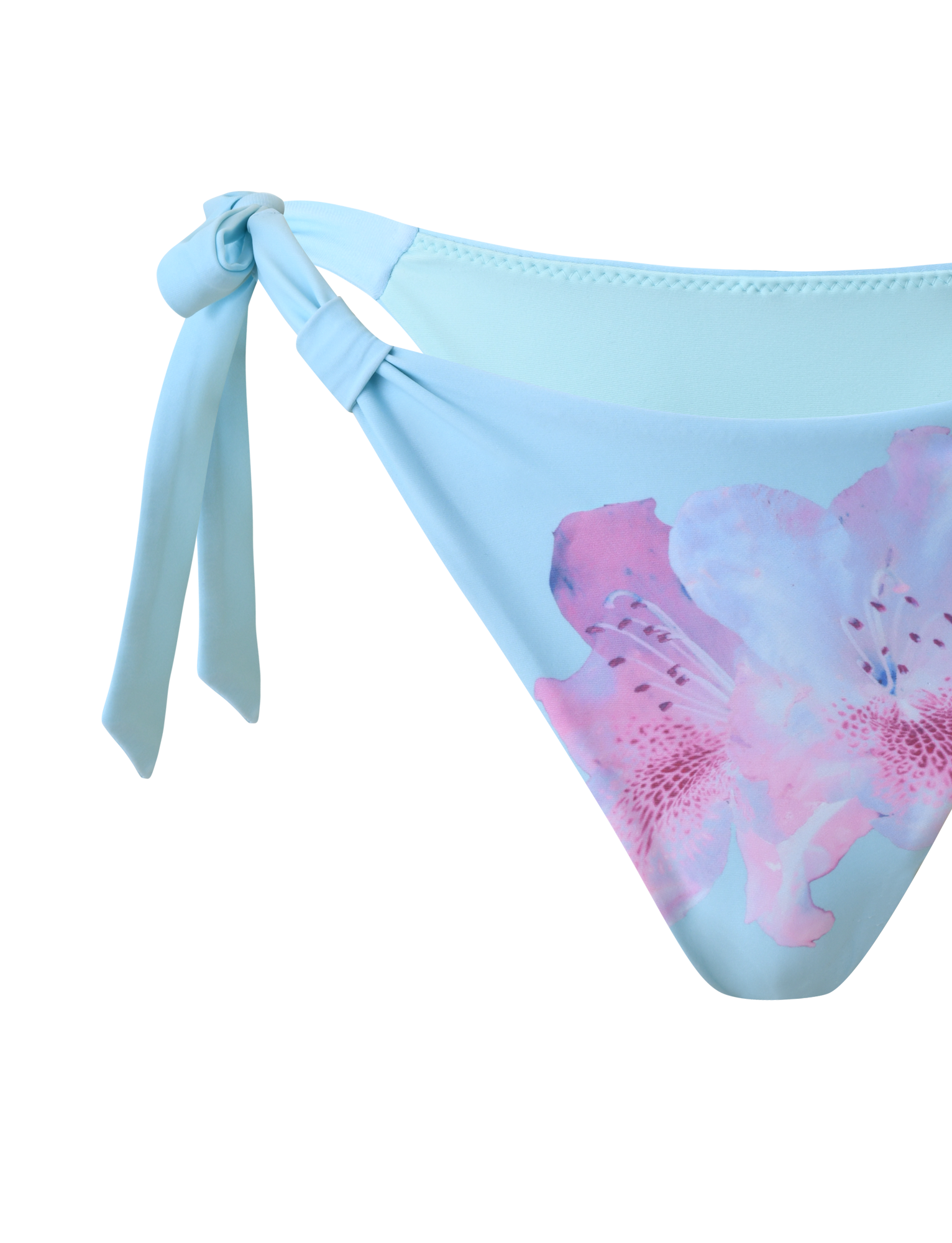 The TIGERMIST SID BIKINI BOTTOM - BLUE features adjustable left side ties and a bold pink and purple floral print on the right front, shown against a white background.