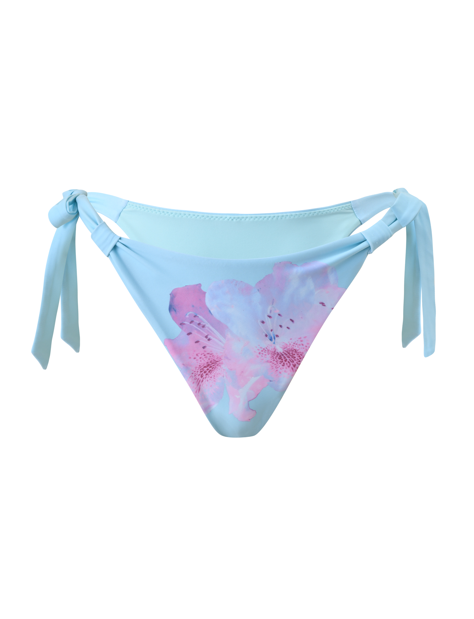 The SID BIKINI BOTTOM - BLUE by TIGERMIST features a light blue shade, adjustable side ties, and a striking pink, purple, and white floral print on the front, shown against a plain white background.