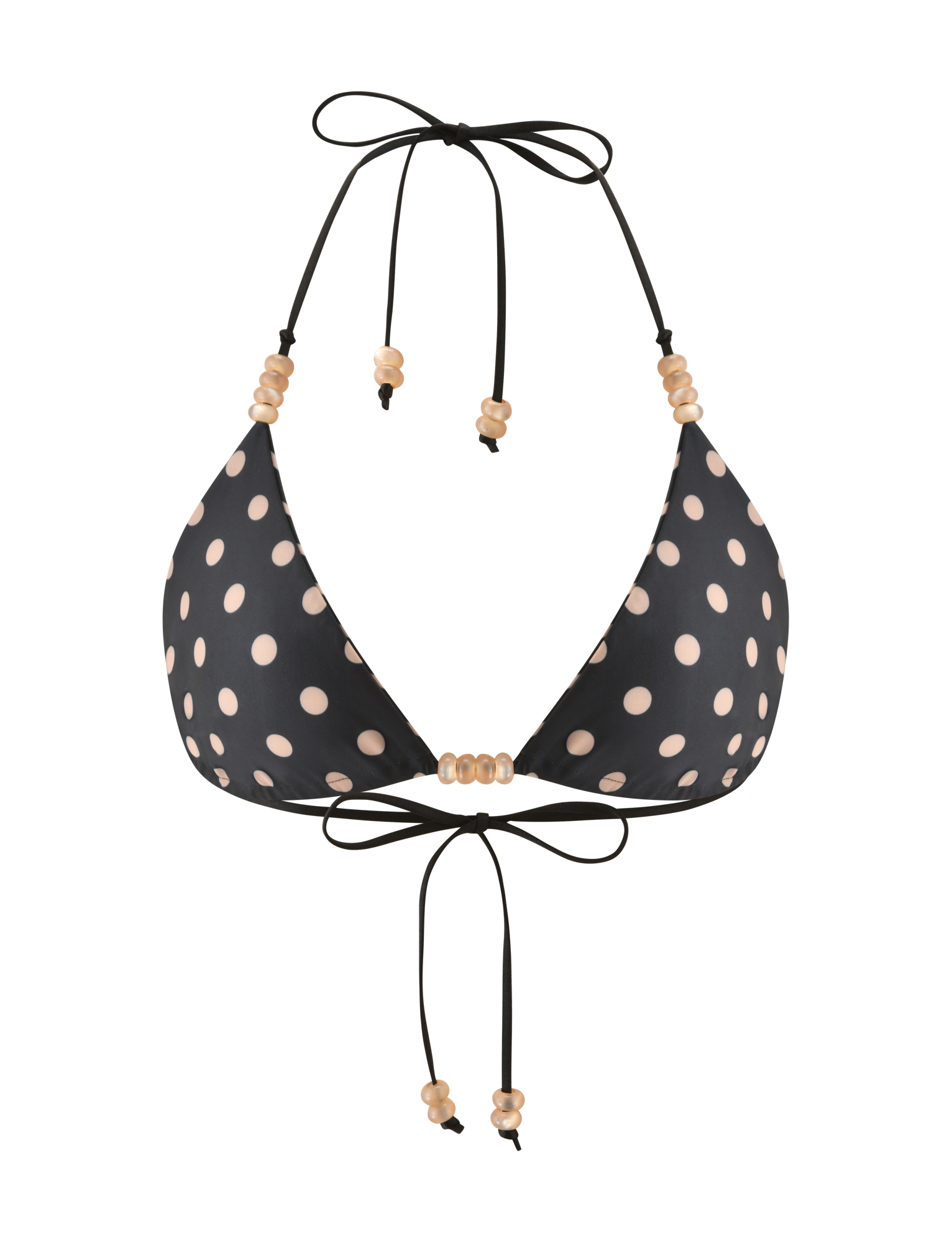 The TIGERMIST FINLEA REVERSIBLE BIKINI TOP in black and tan features light beige polka dots, adjustable thin black straps, beaded bikini straps, decorative beige beads at the center, and is shown on a white background.