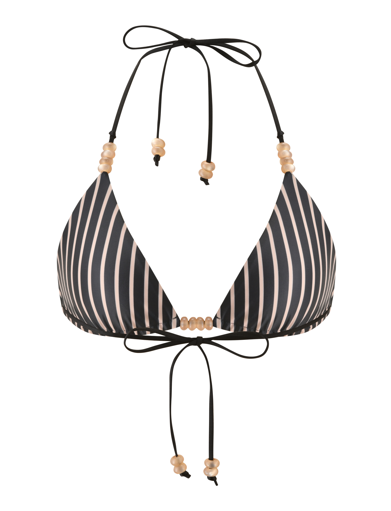 The TIGERMIST FINLEA REVERSIBLE BIKINI TOP in black and tan features adjustable triangle cups and decorative beaded straps at the center and ties.