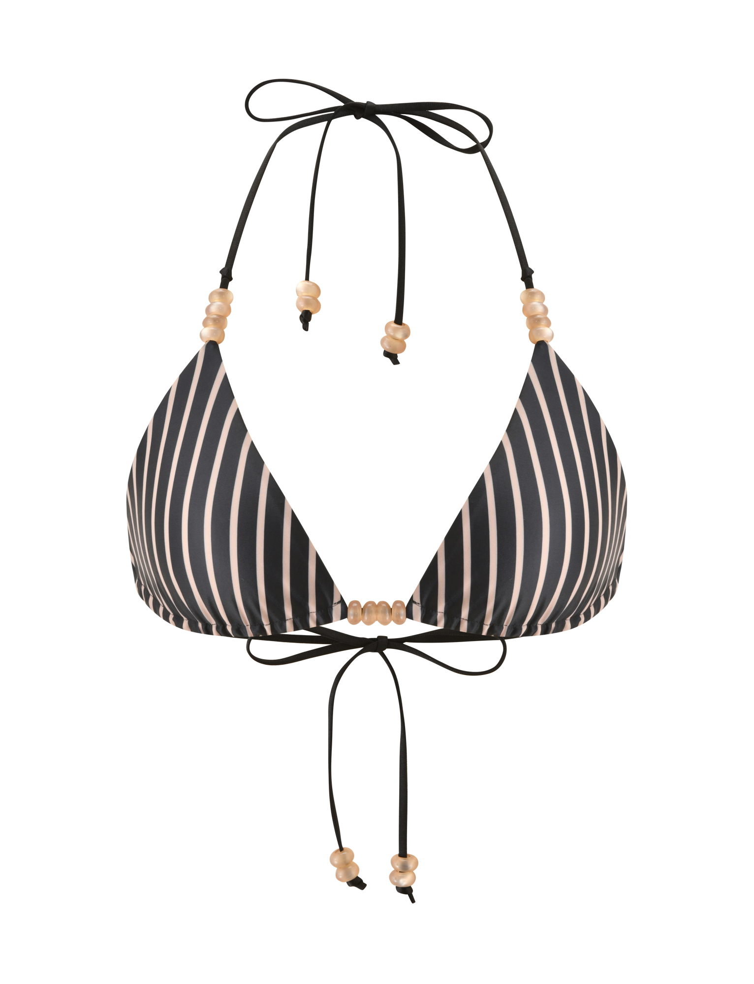 The FINLEA REVERSIBLE BIKINI TOP by TIGERMIST features black and tan stripes, adjustable triangle shape, and beaded halter and back ties. Displayed on a plain white background.