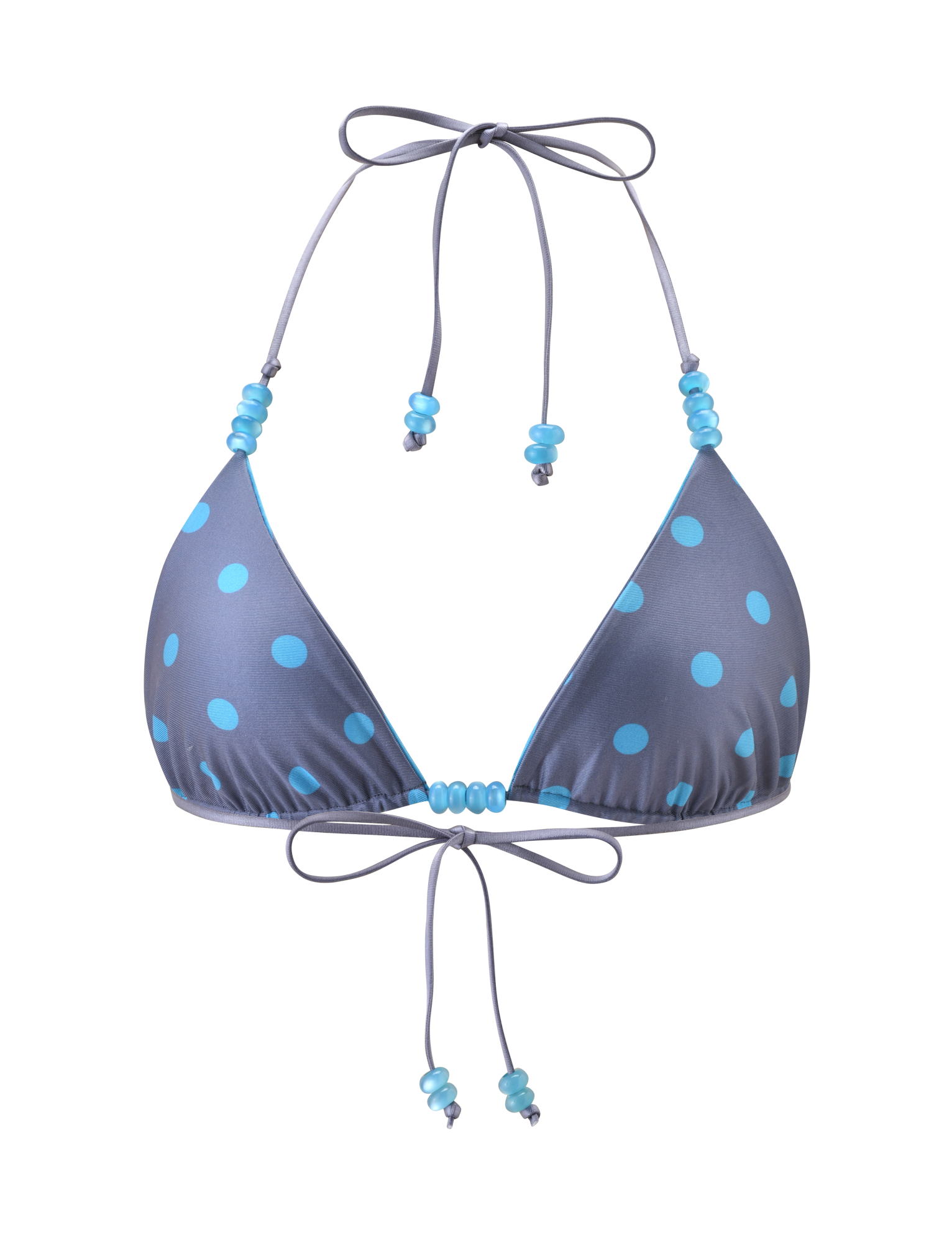 The TIGERMIST FINLEA Reversible Bikini Top features a gray halter neck design with blue polka dots and stripe pattern, accented by blue beads on the neck and front ties, shown against a white background.