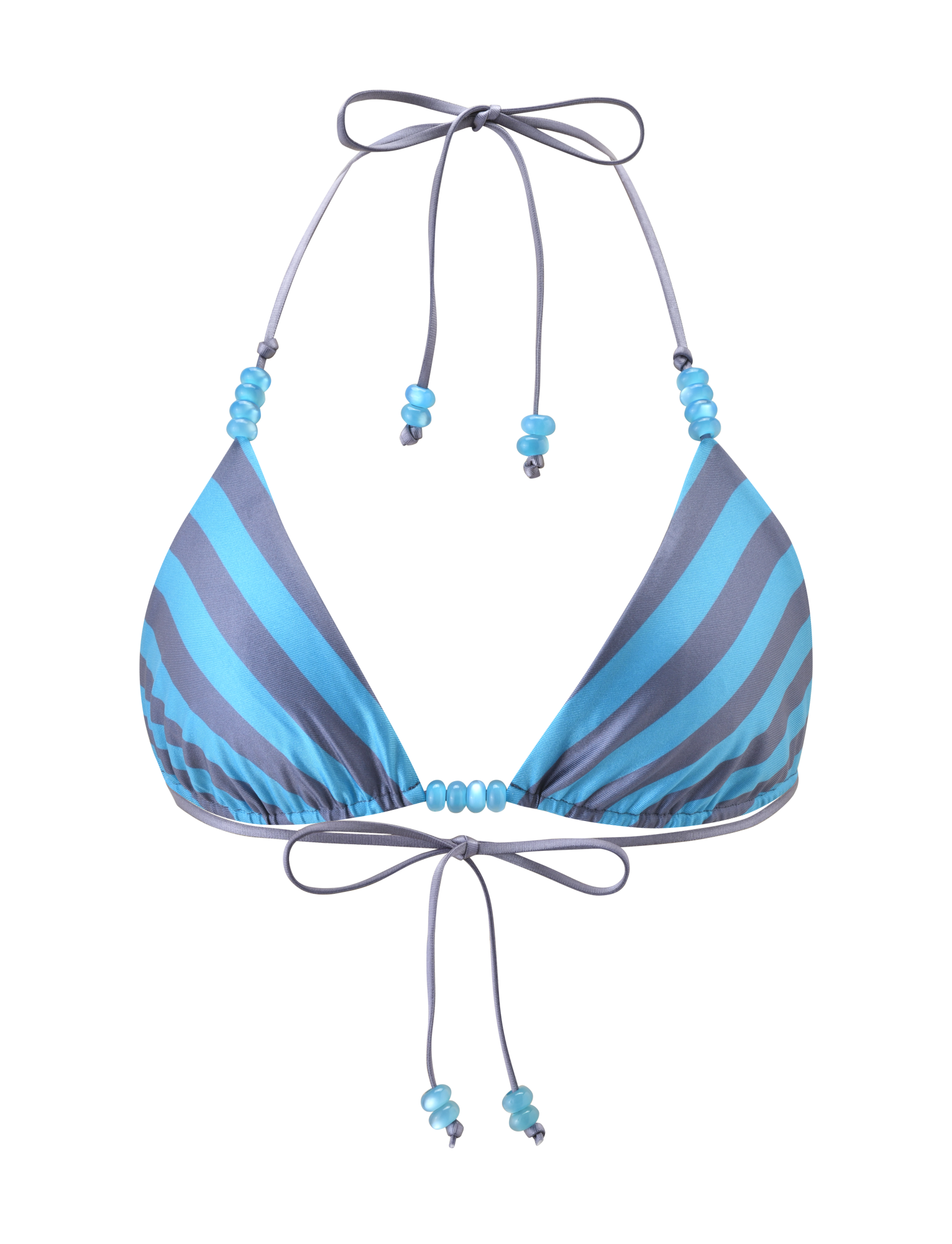 The TIGERMIST FINLEA REVERSIBLE BIKINI TOP in blue grey dot and stripe features a halter neck and back ties with light blue bead details, displayed on a plain white background.