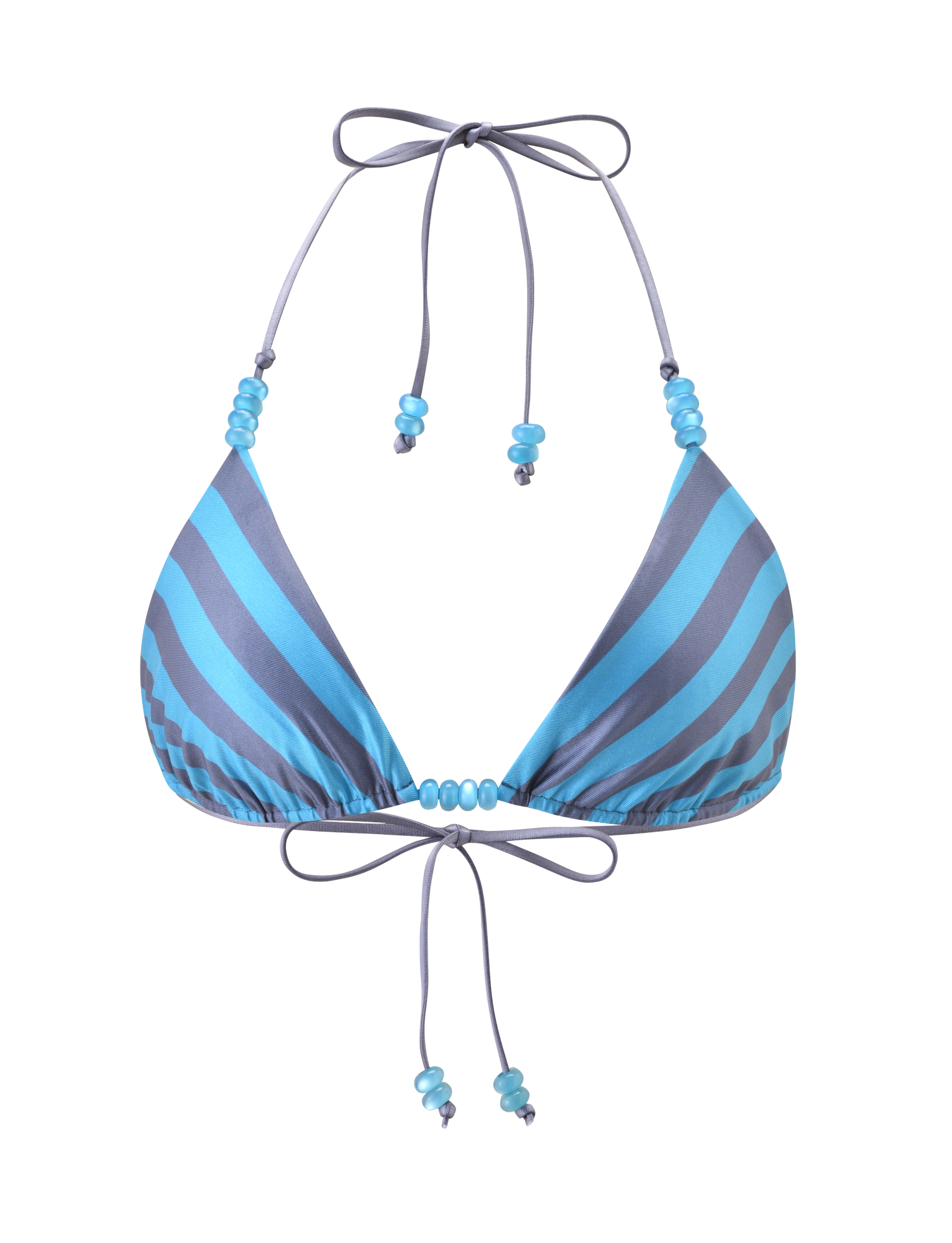 The TIGERMIST FINLEA REVERSIBLE BIKINI TOP features blue-grey dot and stripe patterns, a halter neck with back ties, and blue bead accents on the strings, shown against a plain white background.
