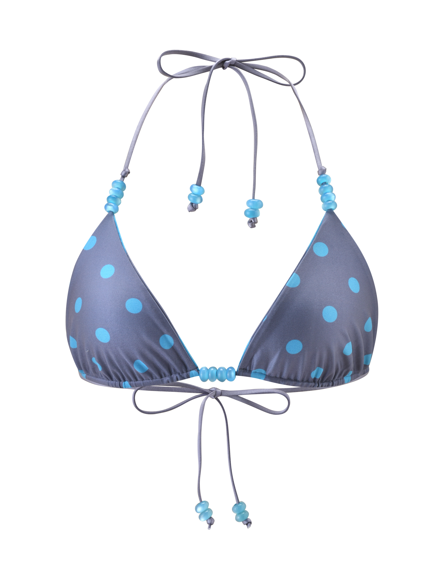 The FINLEA Reversible Bikini Top by TIGERMIST features a blue-grey dot and stripe design with an adjustable halter neck and back ties.