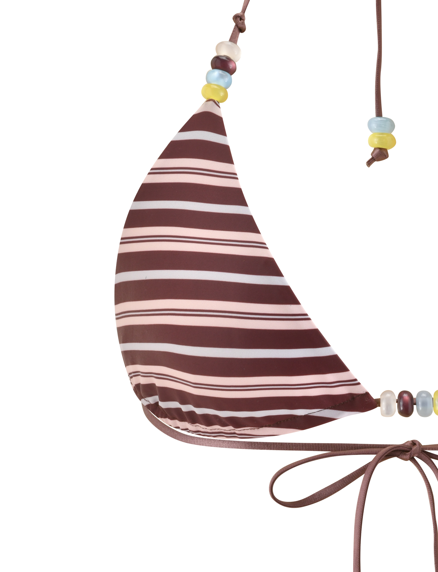 Close-up of the TIGERMIST FINLEA REVERSIBLE BIKINI TOP in brown and blue stripes, featuring an adjustable triangle design and multicolour beaded strap details. Set against a white background.