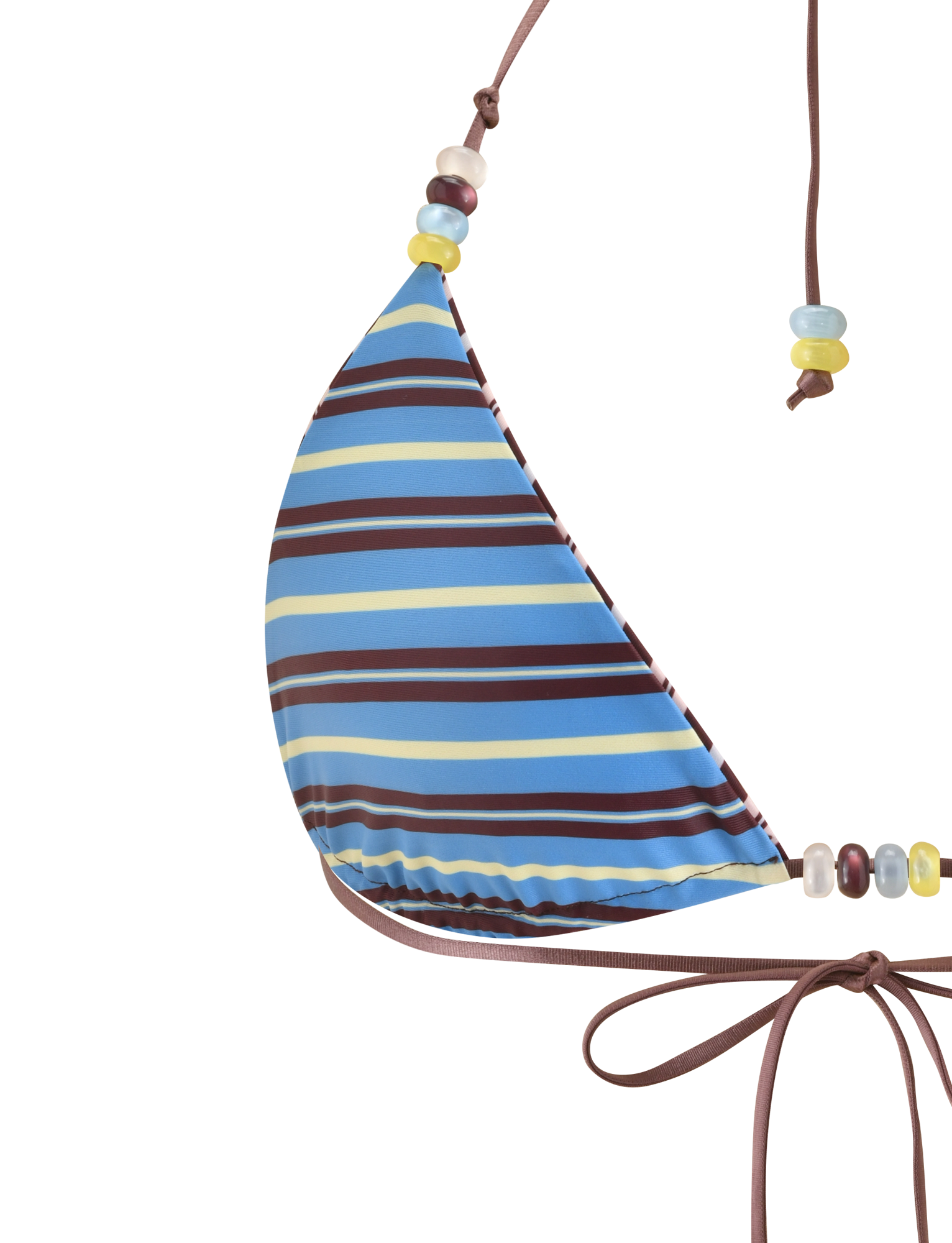 A close-up of the TIGERMIST FINLEA REVERSIBLE BIKINI TOP in brown and blue stripes, featuring adjustable triangle cups and multicolour beaded strap details, set against a white background.